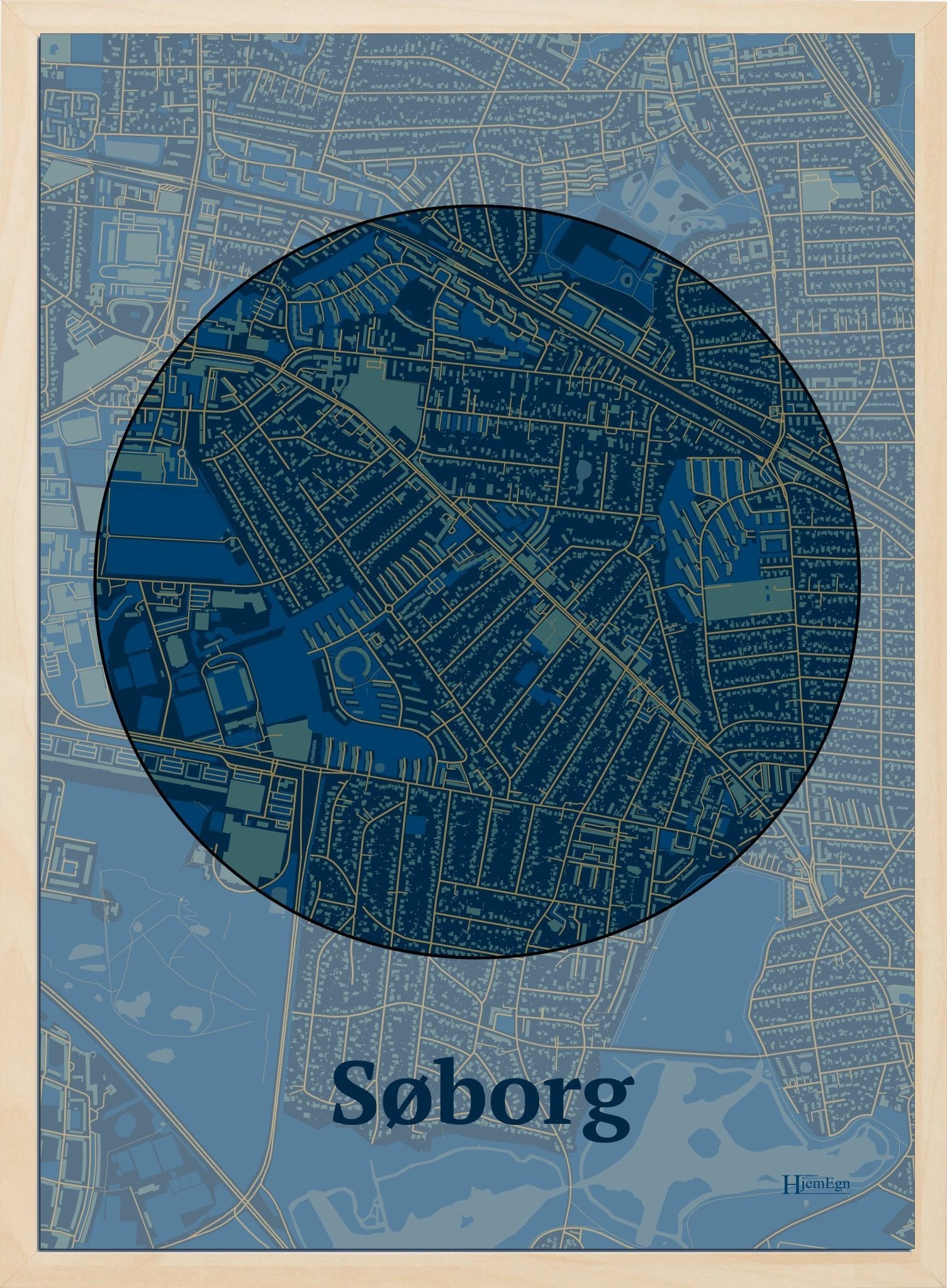 Søborg plakat i farve mørk blå og HjemEgn.dk design centrum. Design bykort for Søborg