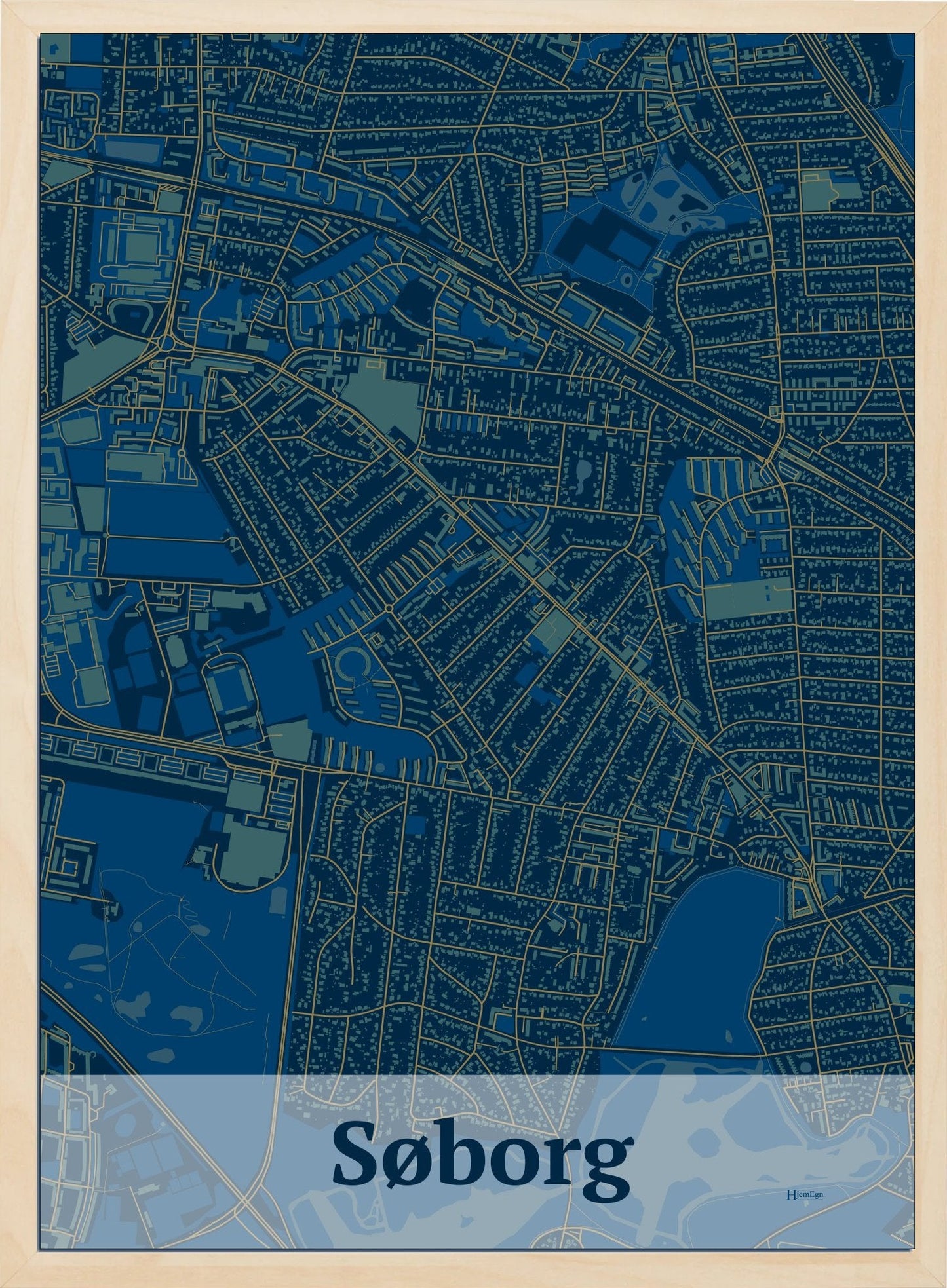 Søborg plakat i farve mørk blå og HjemEgn.dk design firkantet. Design bykort for Søborg