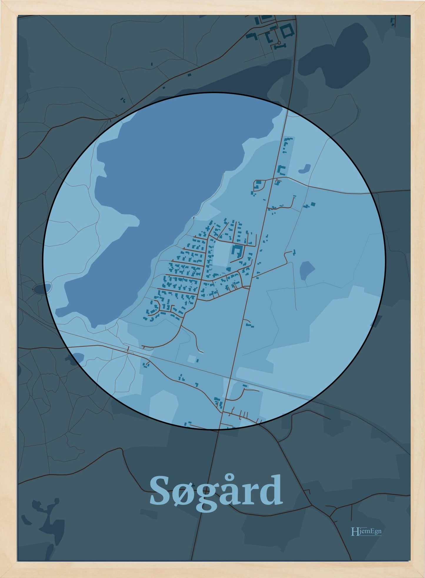 Søgård plakat i farve pastel blå og HjemEgn.dk design centrum. Design bykort for Søgård