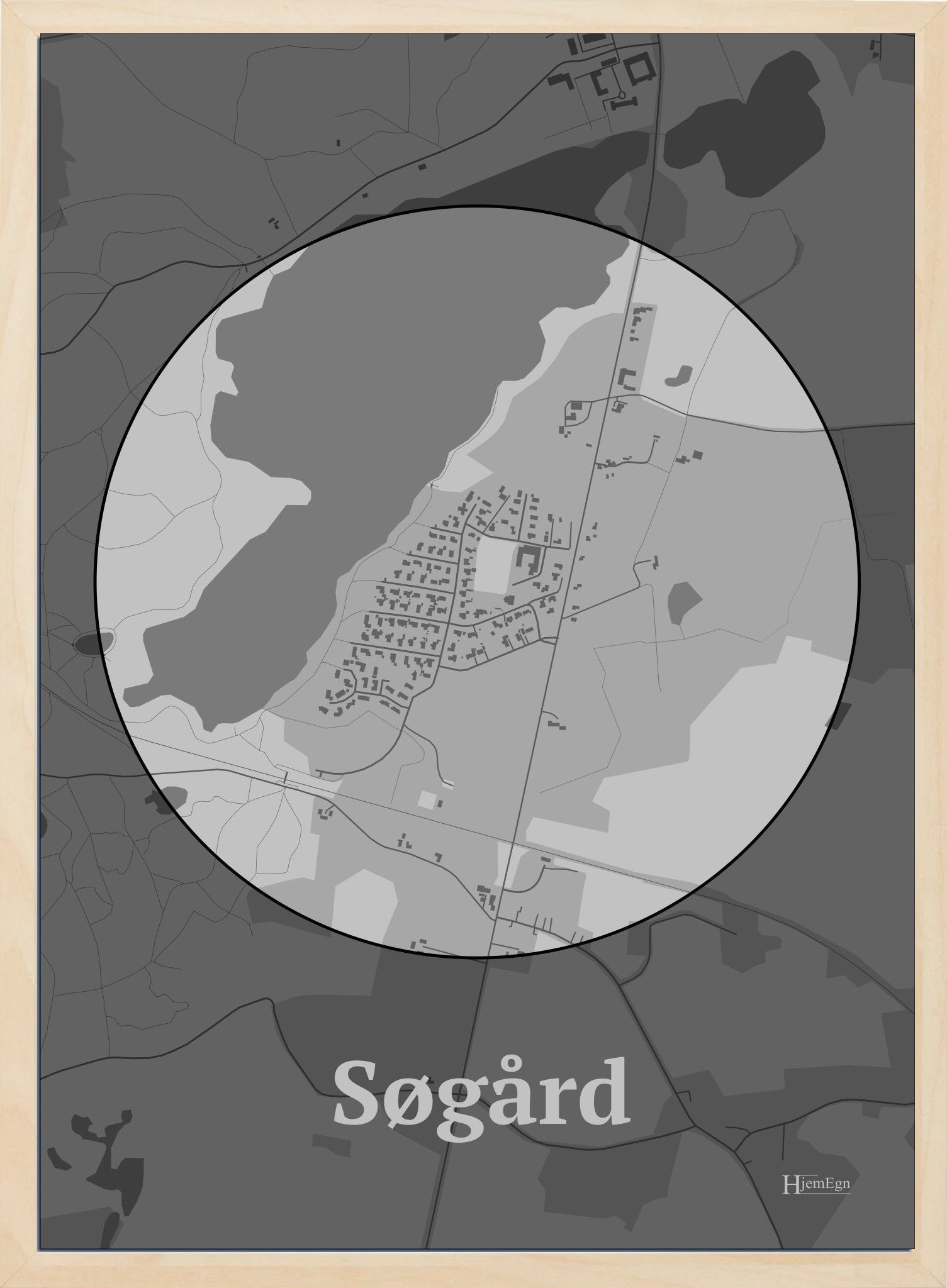 Søgård plakat i farve pastel grå og HjemEgn.dk design centrum. Design bykort for Søgård