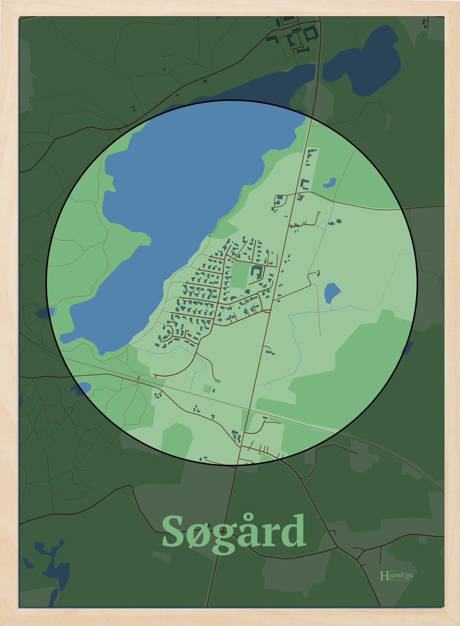 Søgård plakat i farve pastel grøn og HjemEgn.dk design centrum. Design bykort for Søgård