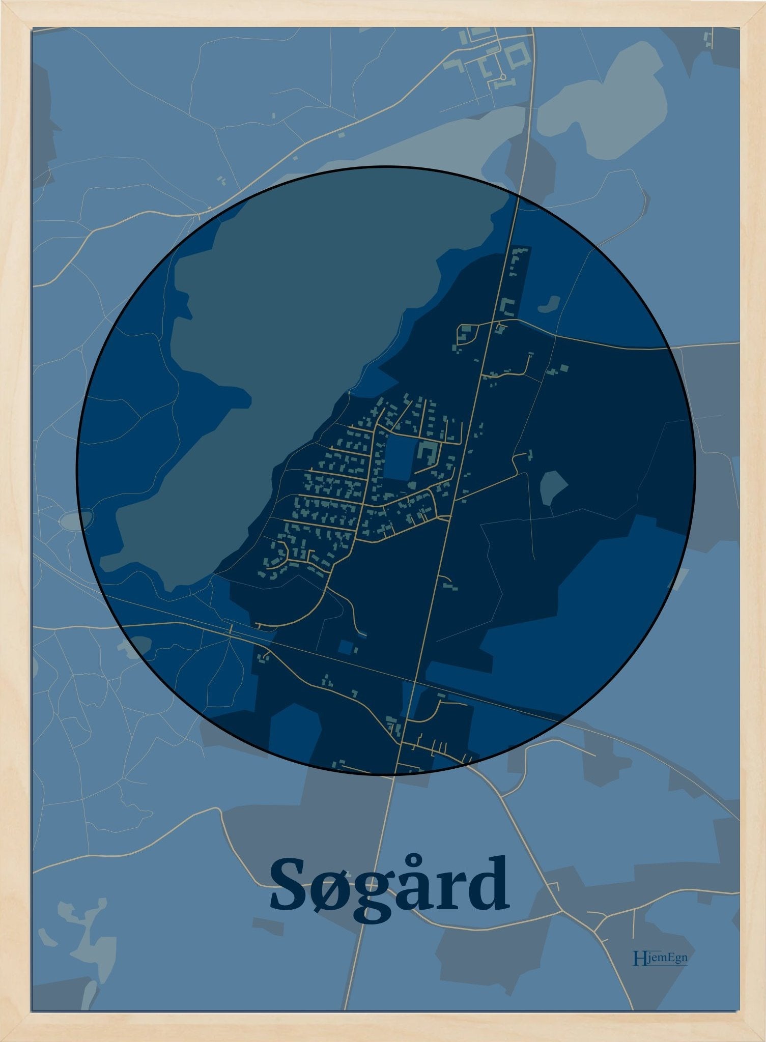 Søgård plakat i farve mørk blå og HjemEgn.dk design centrum. Design bykort for Søgård