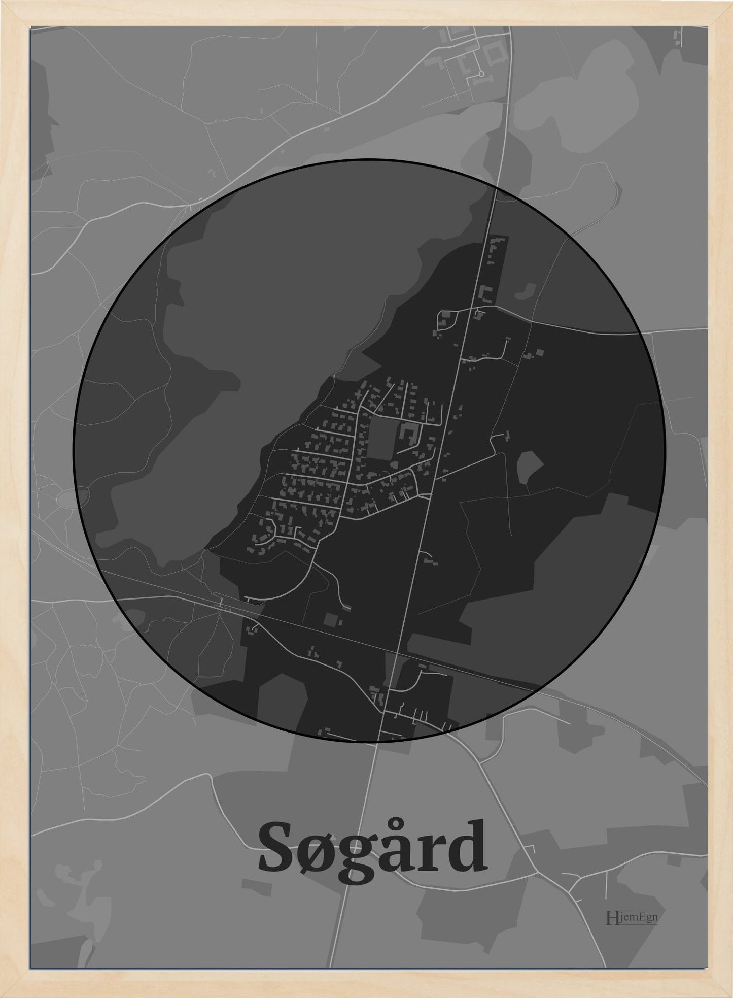 Søgård plakat i farve mørk grå og HjemEgn.dk design centrum. Design bykort for Søgård