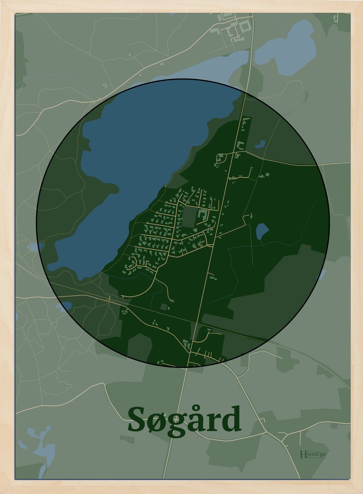 Søgård plakat i farve mørk grøn og HjemEgn.dk design centrum. Design bykort for Søgård