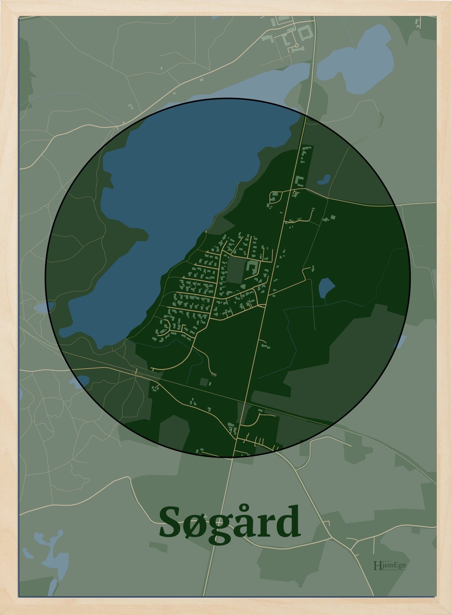 Søgård plakat i farve mørk grøn og HjemEgn.dk design centrum. Design bykort for Søgård