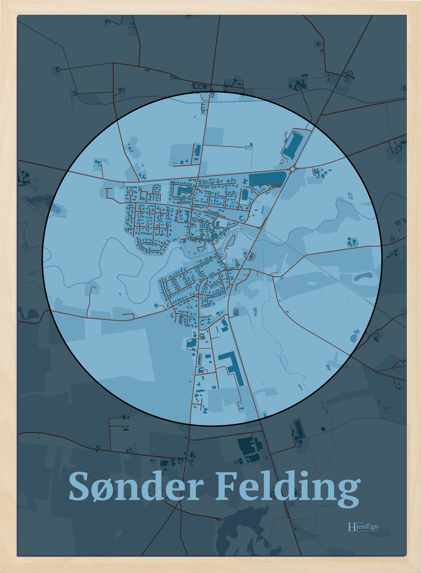 Sønder Felding plakat i farve pastel blå og HjemEgn.dk design centrum. Design bykort for Sønder Felding