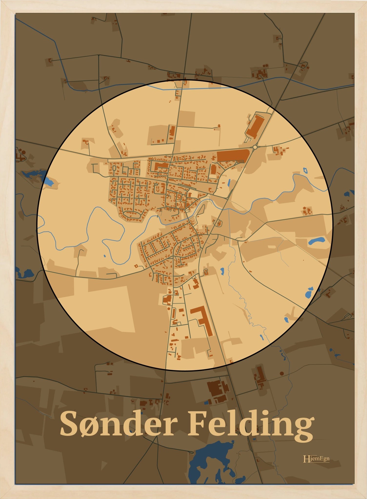 Sønder Felding plakat i farve pastel brun og HjemEgn.dk design centrum. Design bykort for Sønder Felding