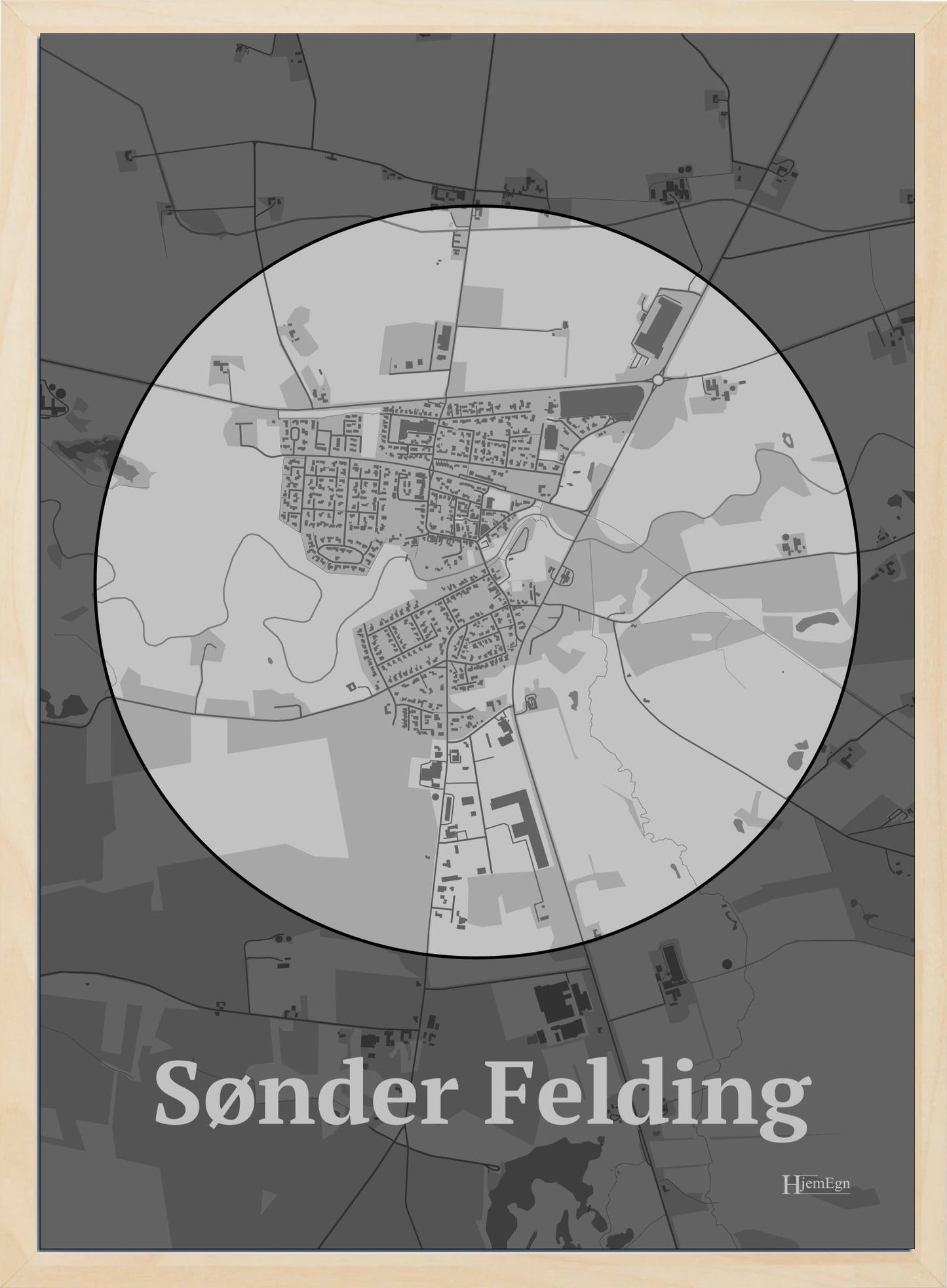 Sønder Felding plakat i farve pastel grå og HjemEgn.dk design centrum. Design bykort for Sønder Felding