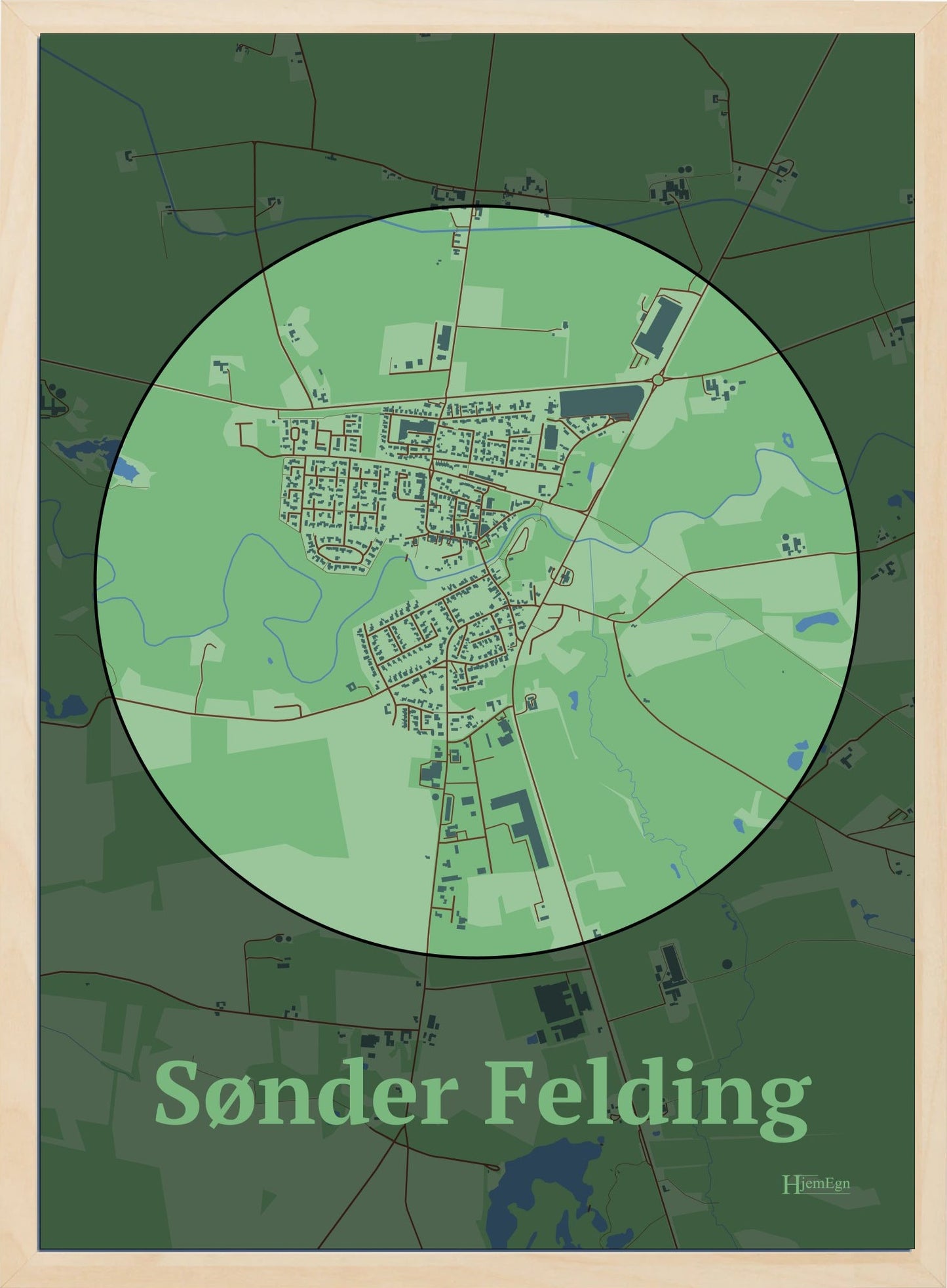 Sønder Felding plakat i farve pastel grøn og HjemEgn.dk design centrum. Design bykort for Sønder Felding