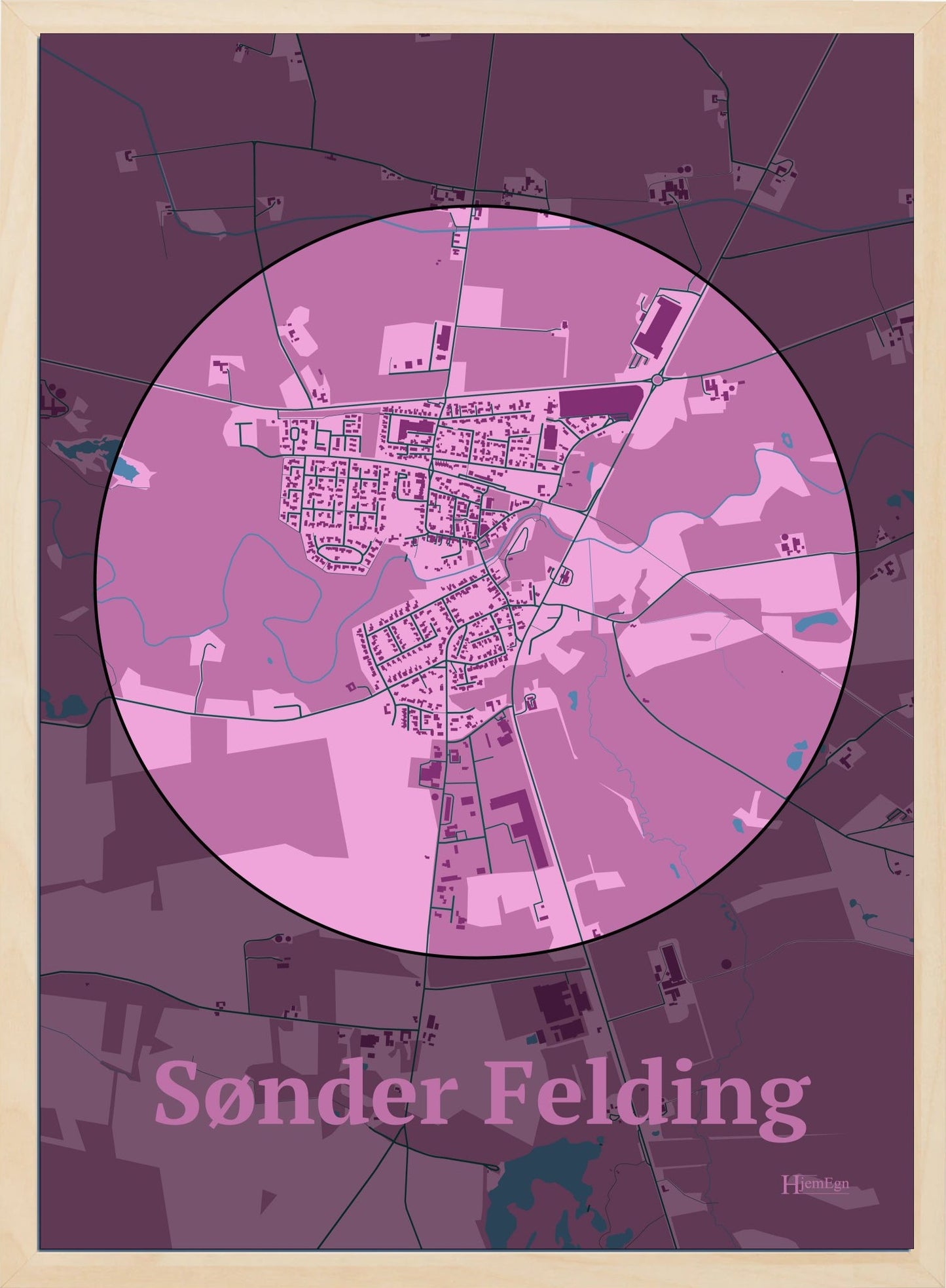 Sønder Felding plakat i farve pastel rød og HjemEgn.dk design centrum. Design bykort for Sønder Felding