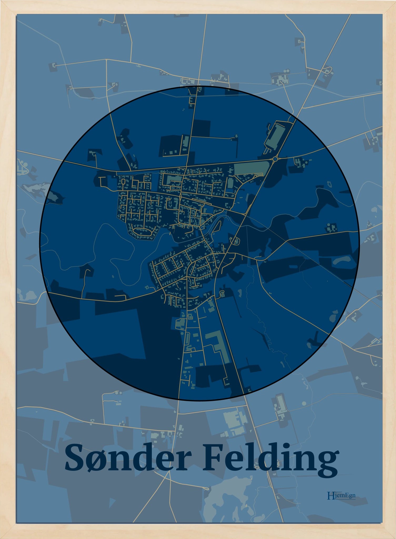 Sønder Felding plakat i farve mørk blå og HjemEgn.dk design centrum. Design bykort for Sønder Felding