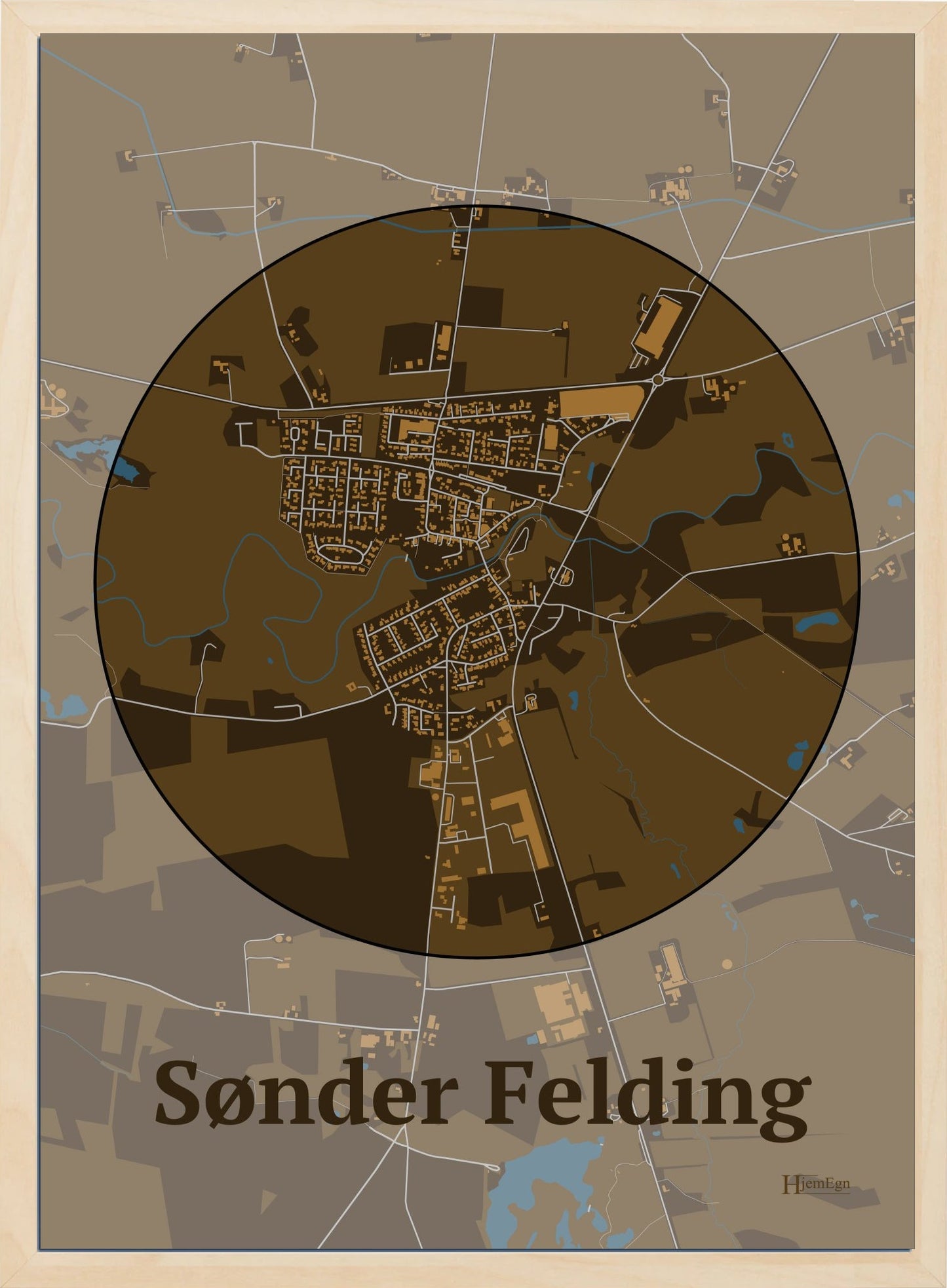 Sønder Felding plakat i farve mørk brun og HjemEgn.dk design centrum. Design bykort for Sønder Felding