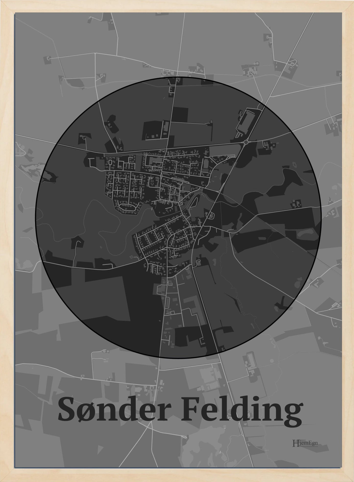 Sønder Felding plakat i farve mørk grå og HjemEgn.dk design centrum. Design bykort for Sønder Felding