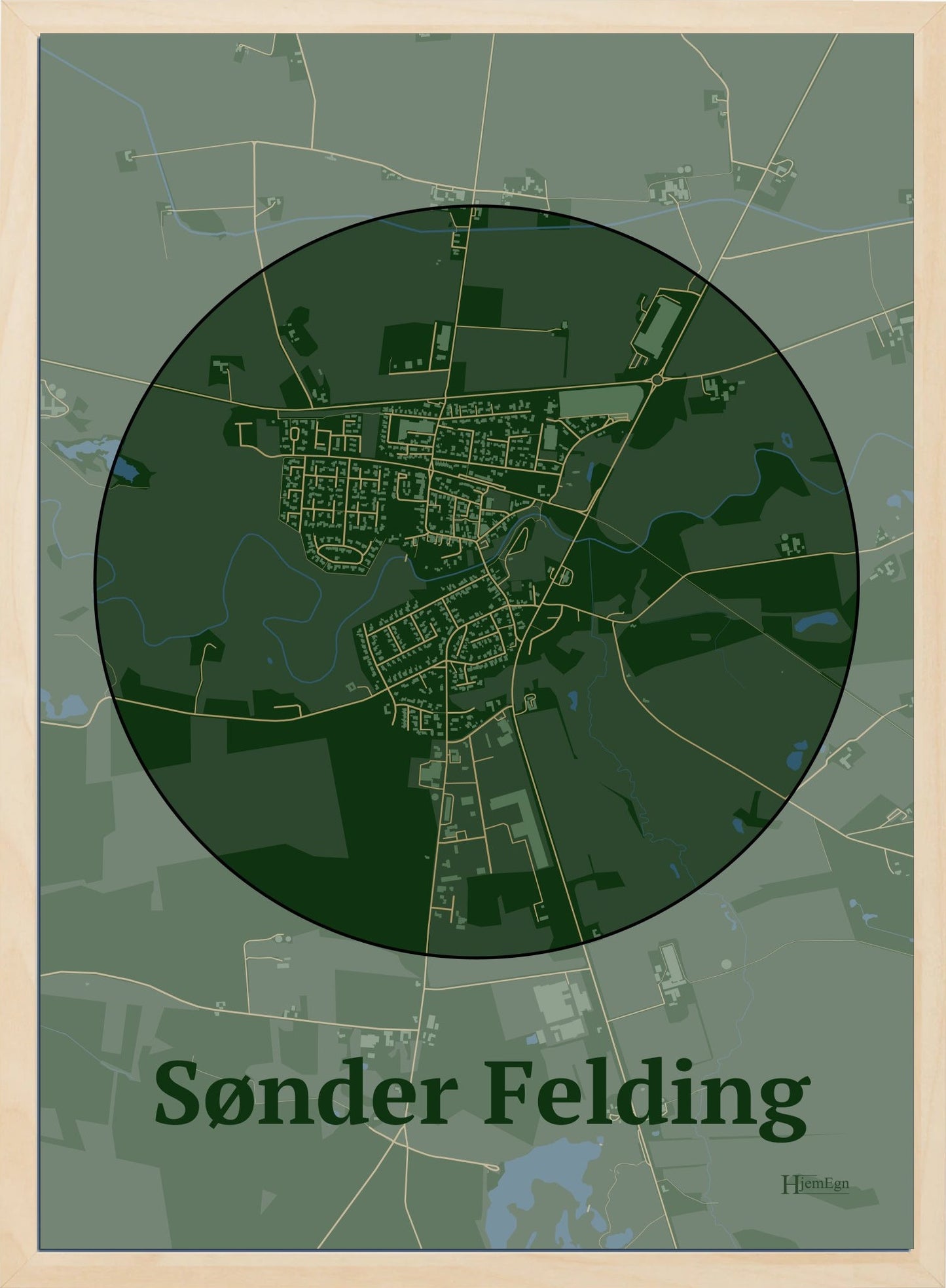 Sønder Felding plakat i farve mørk grøn og HjemEgn.dk design centrum. Design bykort for Sønder Felding