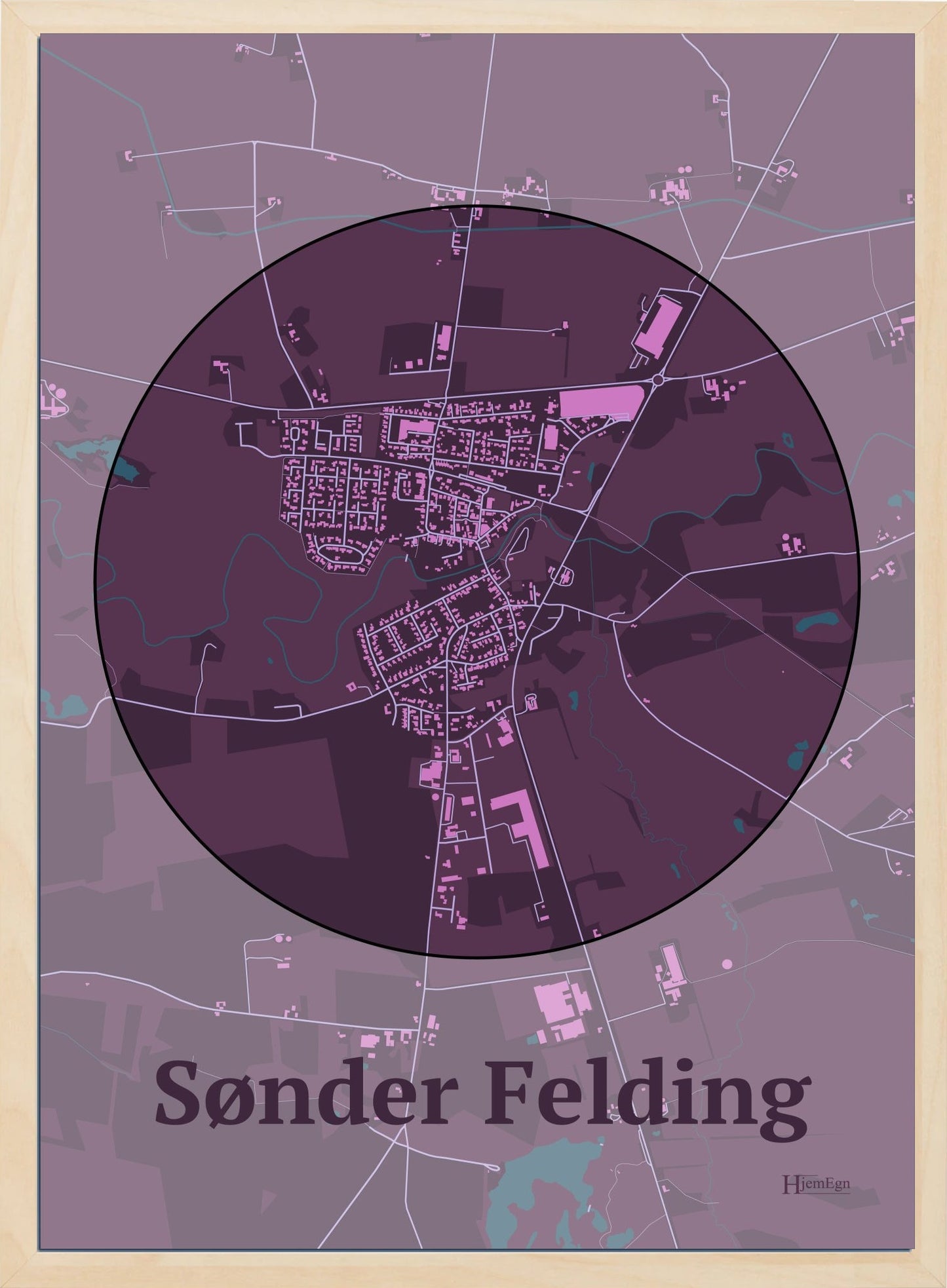 Sønder Felding plakat i farve mørk rød og HjemEgn.dk design centrum. Design bykort for Sønder Felding