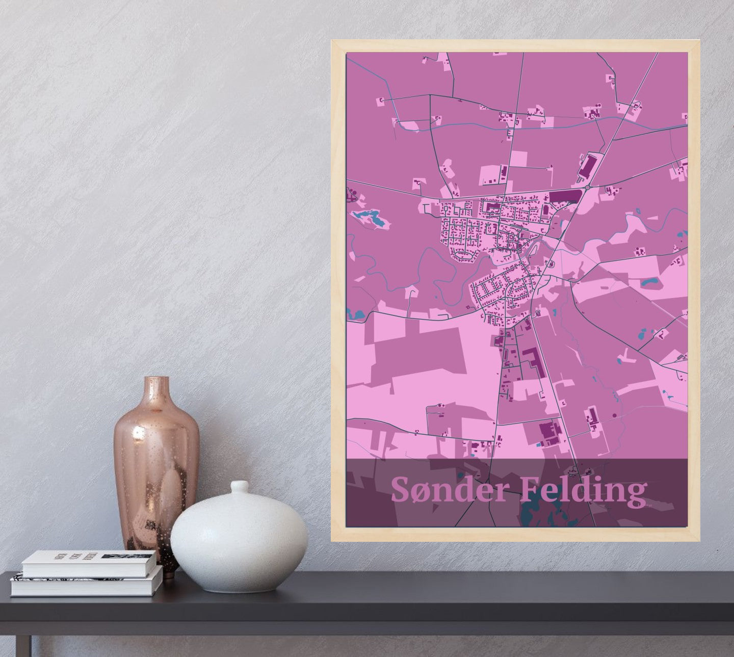 Sønder Felding plakat i farve  og HjemEgn.dk design firkantet. Design bykort for Sønder Felding