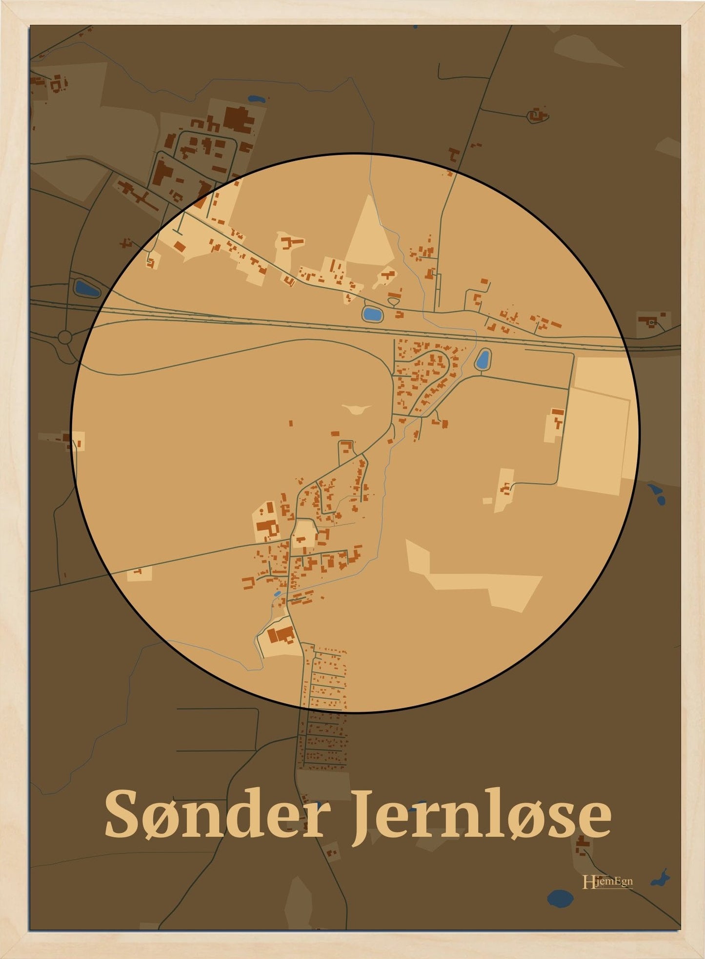 Sønder Jernløse plakat i farve pastel brun og HjemEgn.dk design centrum. Design bykort for Sønder Jernløse