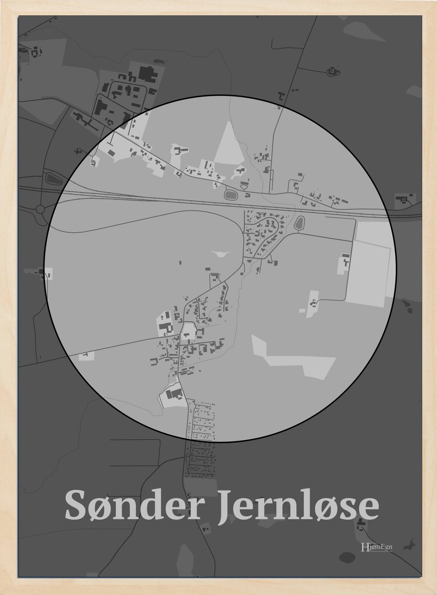 Sønder Jernløse plakat i farve pastel grå og HjemEgn.dk design centrum. Design bykort for Sønder Jernløse