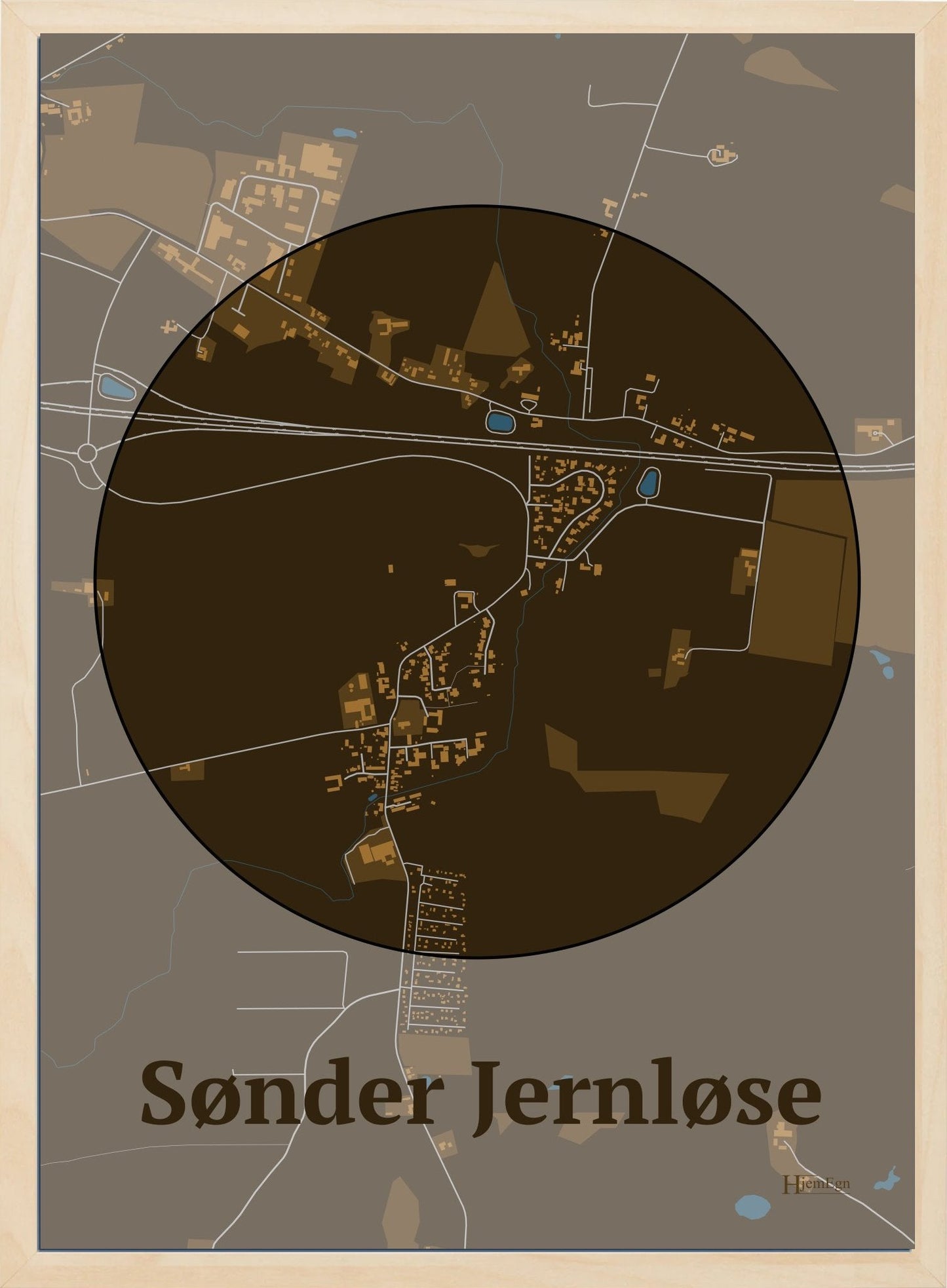 Sønder Jernløse plakat i farve mørk brun og HjemEgn.dk design centrum. Design bykort for Sønder Jernløse