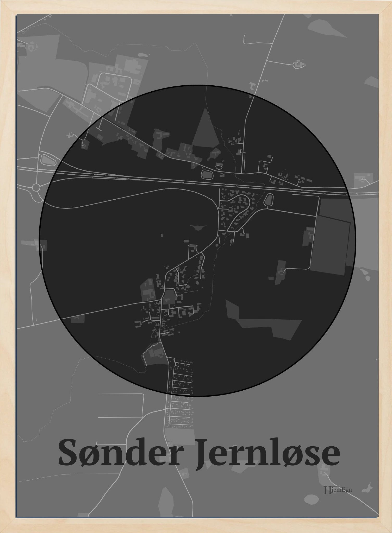 Sønder Jernløse plakat i farve mørk grå og HjemEgn.dk design centrum. Design bykort for Sønder Jernløse
