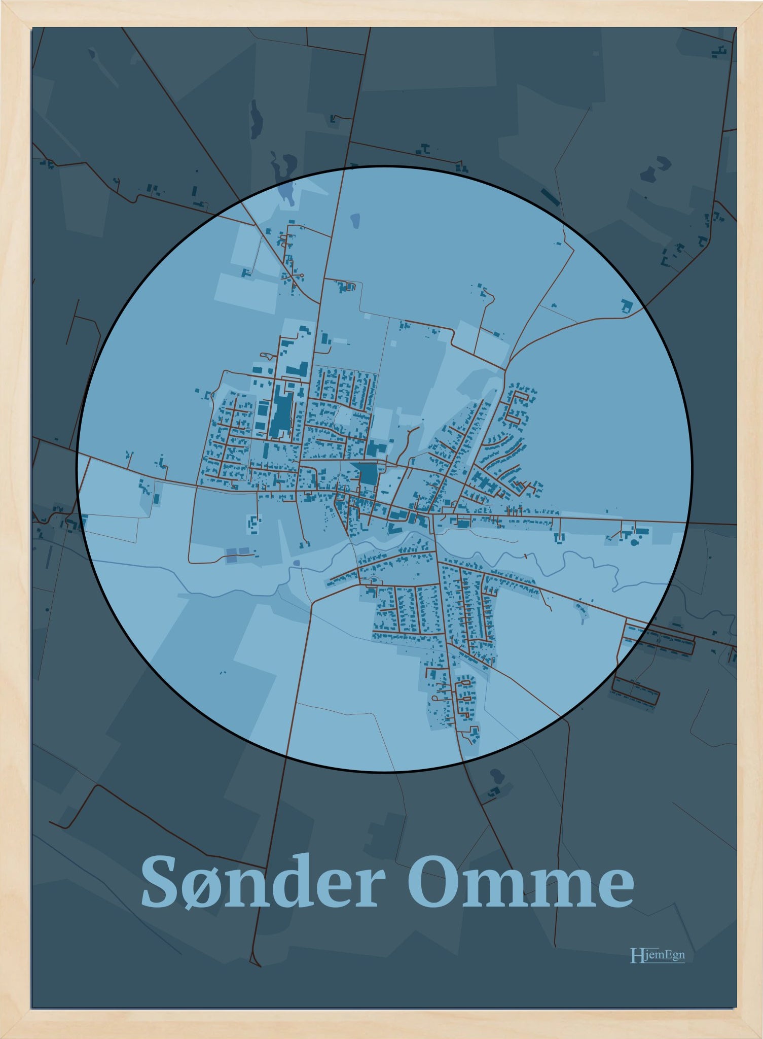 Sønder Omme plakat i farve pastel blå og HjemEgn.dk design centrum. Design bykort for Sønder Omme