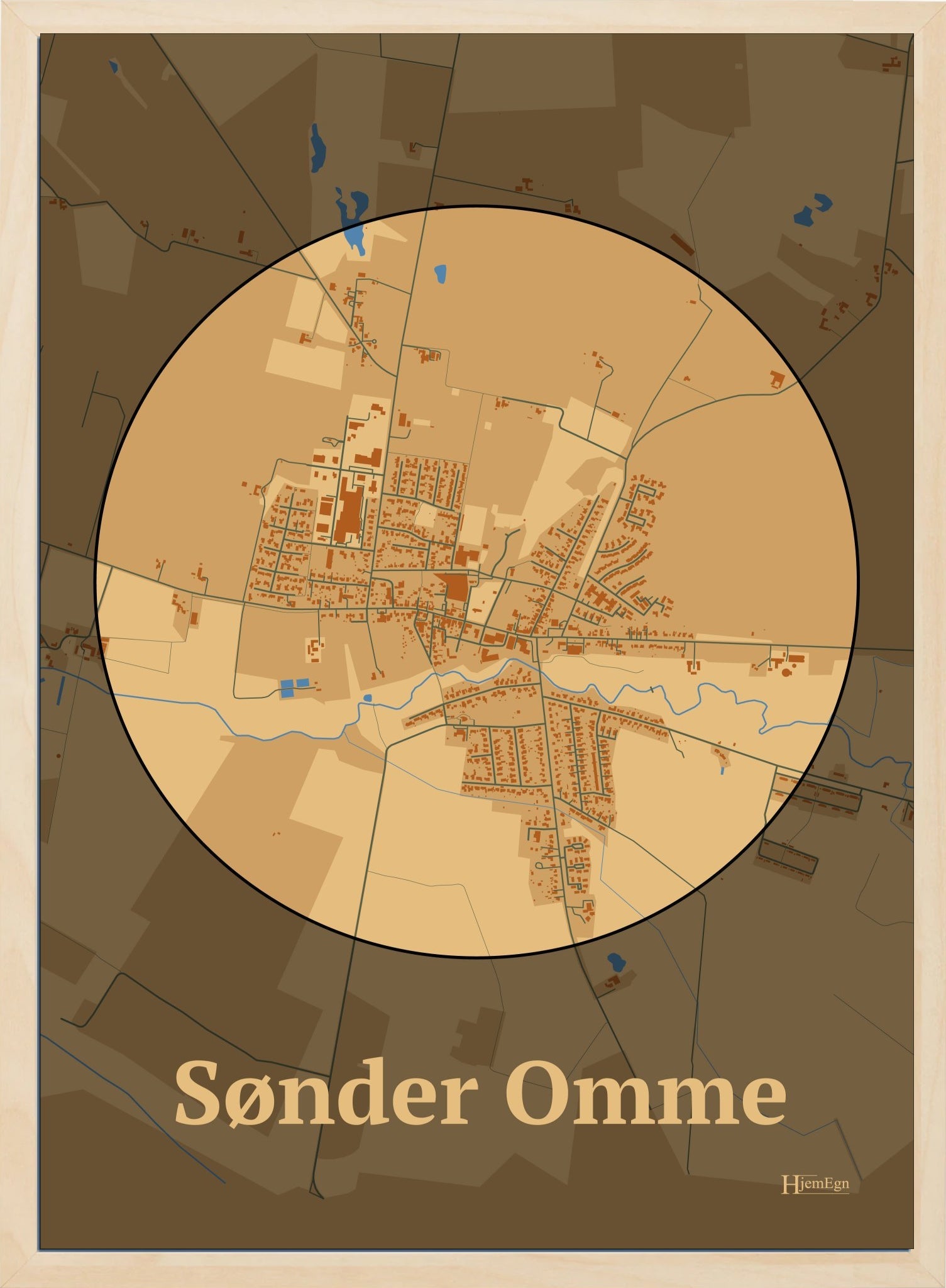 Sønder Omme plakat i farve pastel brun og HjemEgn.dk design centrum. Design bykort for Sønder Omme