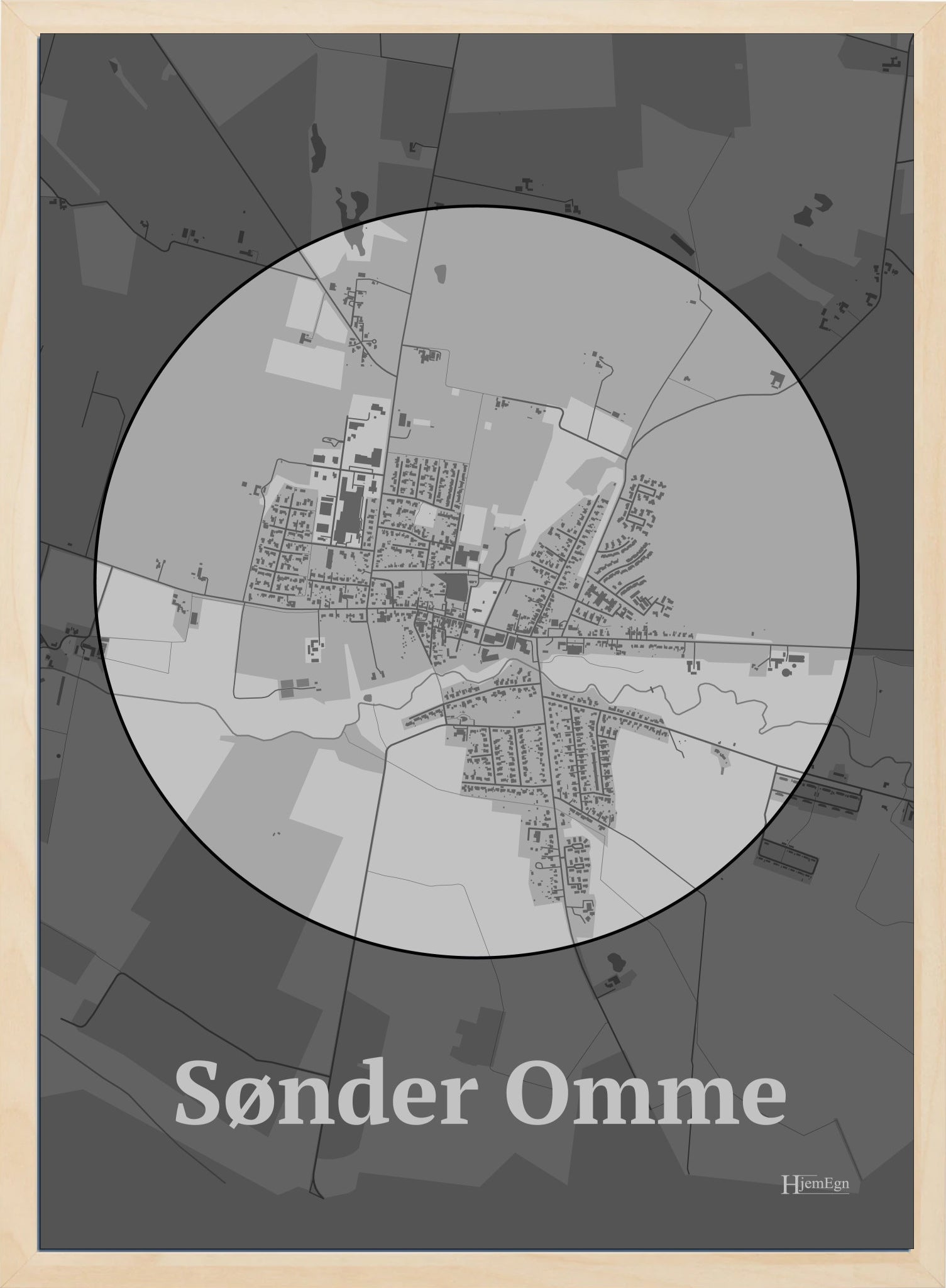 Sønder Omme plakat i farve pastel grå og HjemEgn.dk design centrum. Design bykort for Sønder Omme