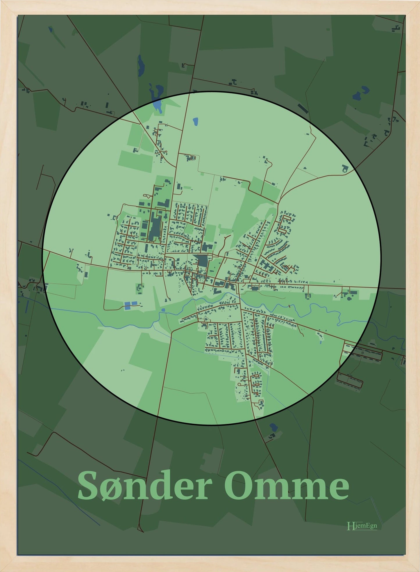 Sønder Omme plakat i farve pastel grøn og HjemEgn.dk design centrum. Design bykort for Sønder Omme