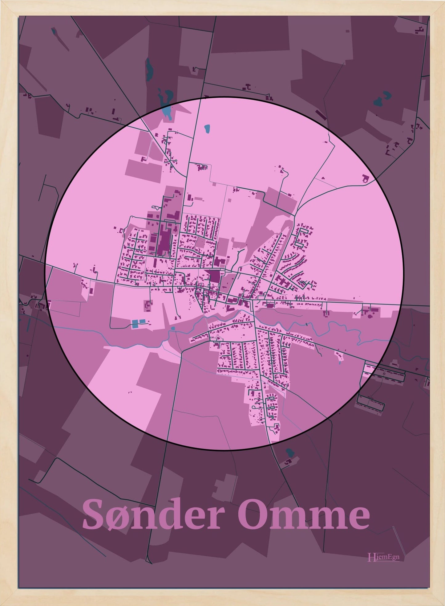 Sønder Omme plakat i farve pastel rød og HjemEgn.dk design centrum. Design bykort for Sønder Omme