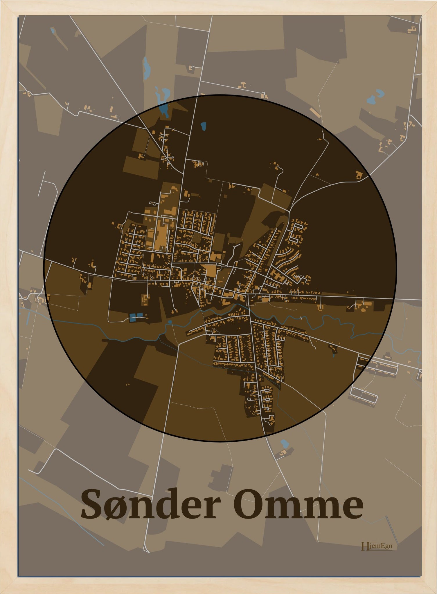 Sønder Omme plakat i farve mørk brun og HjemEgn.dk design centrum. Design bykort for Sønder Omme
