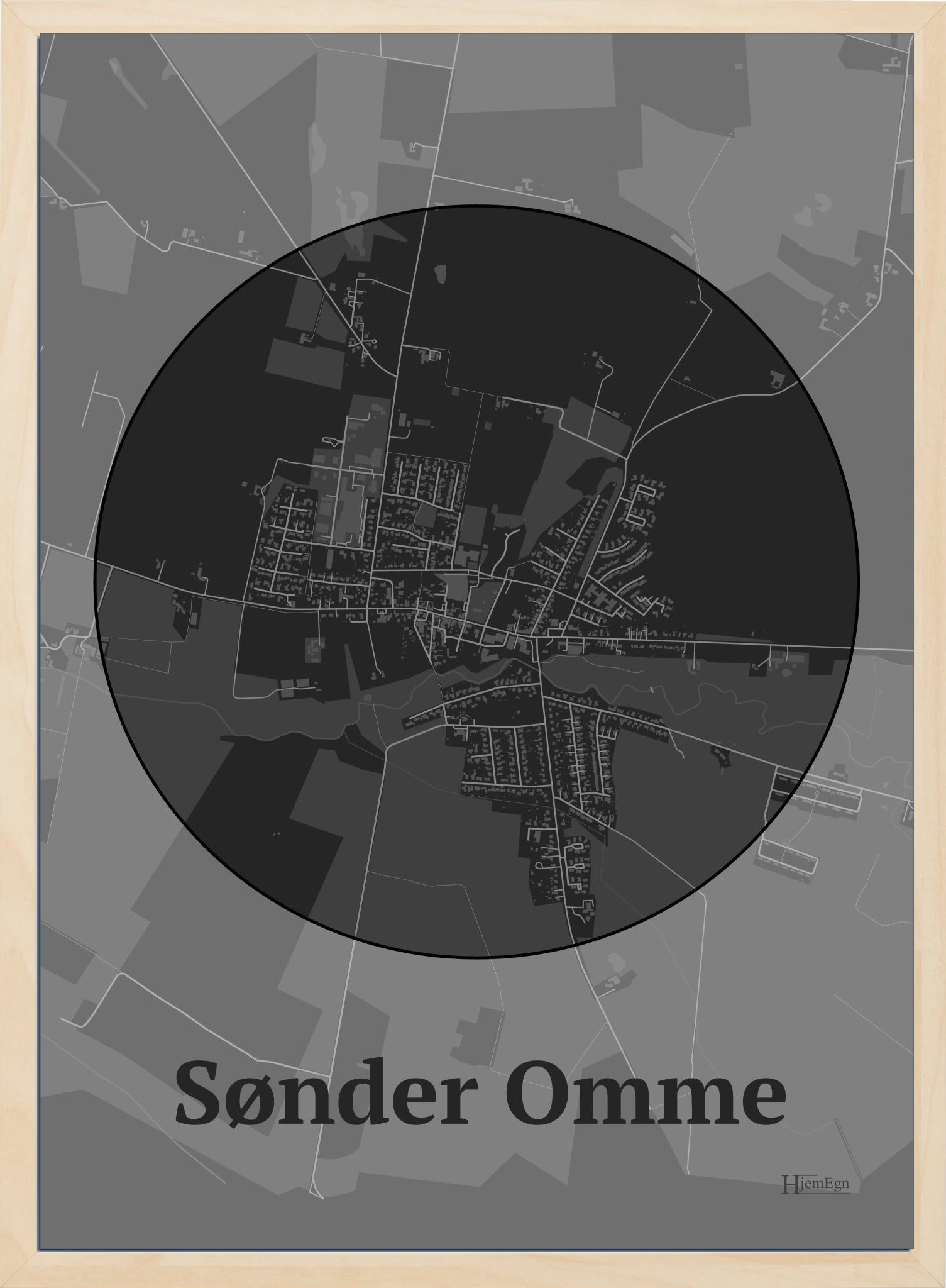 Sønder Omme plakat i farve mørk grå og HjemEgn.dk design centrum. Design bykort for Sønder Omme
