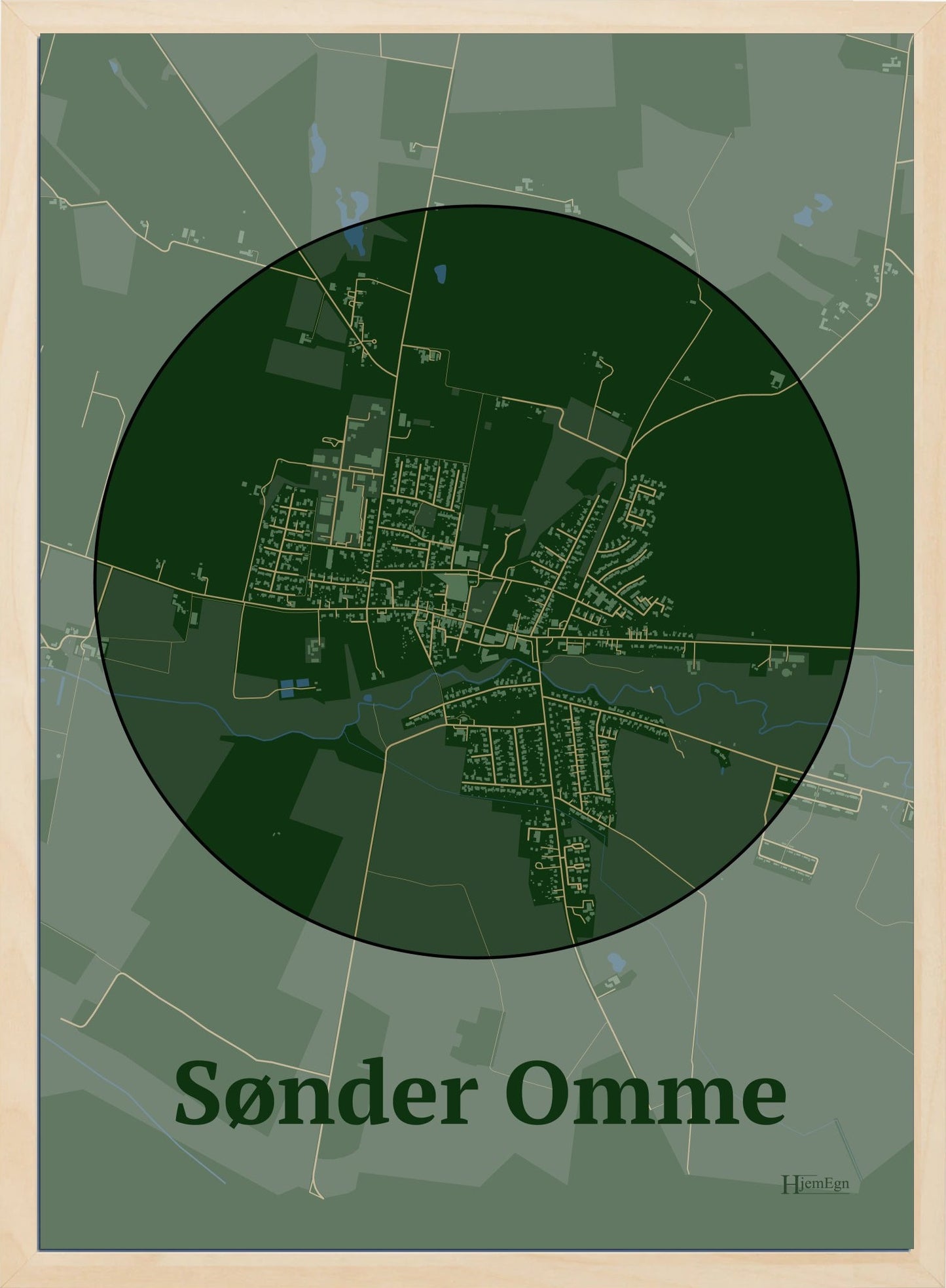 Sønder Omme plakat i farve mørk grøn og HjemEgn.dk design centrum. Design bykort for Sønder Omme