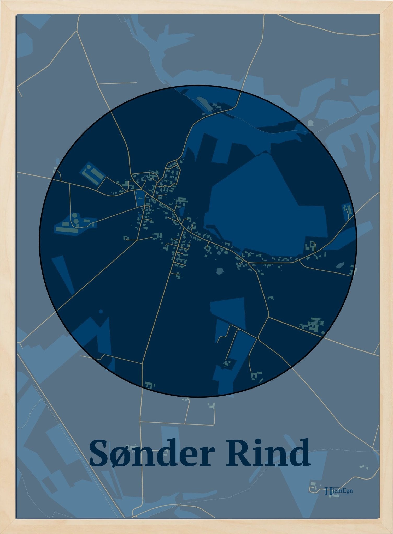 Sønder Rind plakat i farve mørk blå og HjemEgn.dk design centrum. Design bykort for Sønder Rind