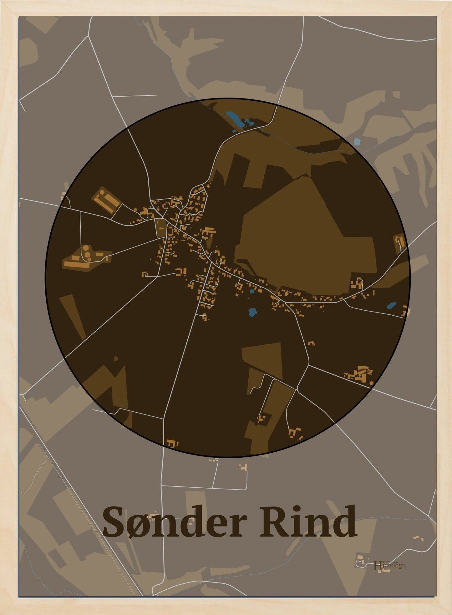 Sønder Rind plakat i farve mørk brun og HjemEgn.dk design centrum. Design bykort for Sønder Rind
