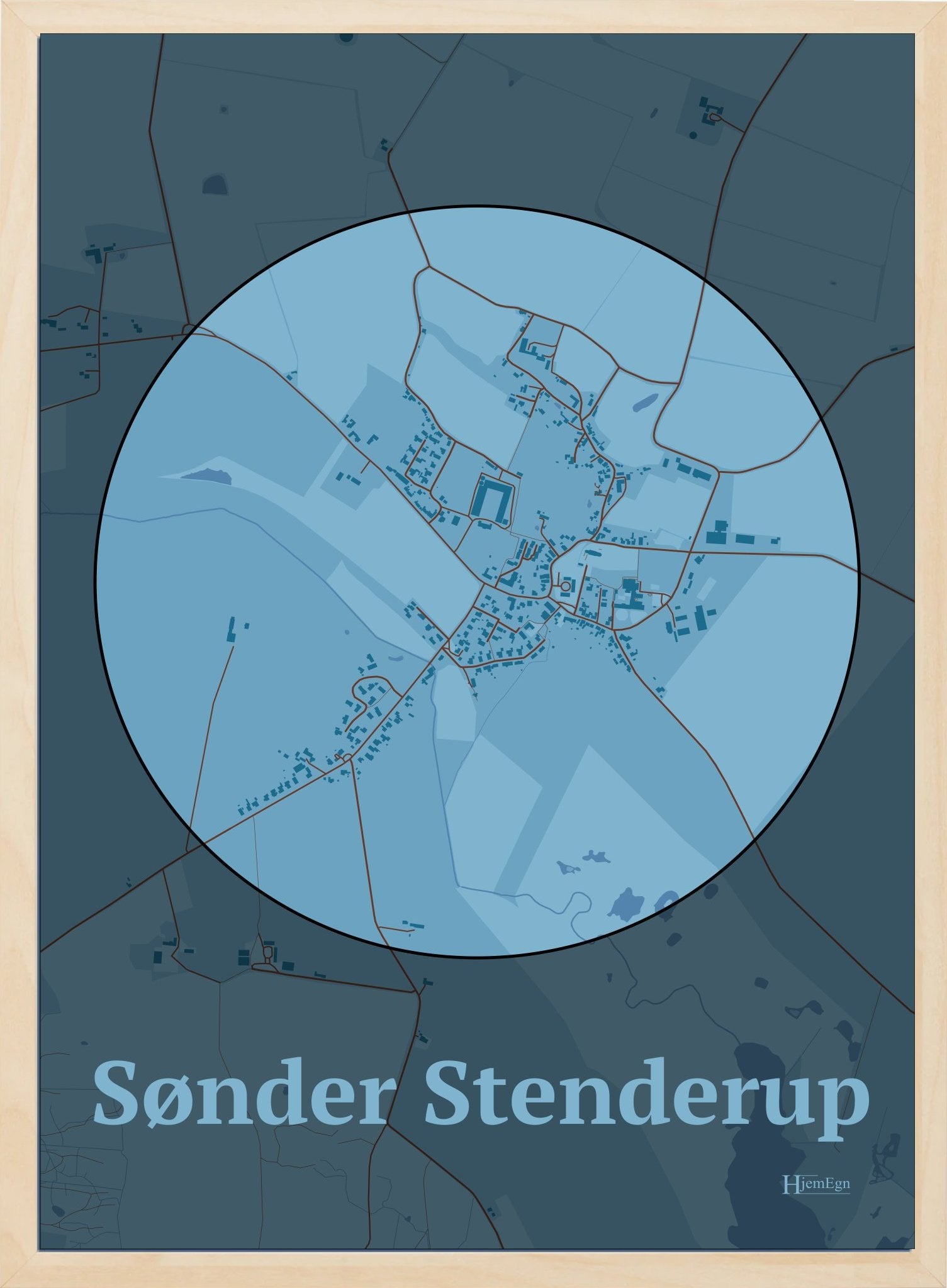 Sønder Stenderup plakat i farve pastel blå og HjemEgn.dk design centrum. Design bykort for Sønder Stenderup