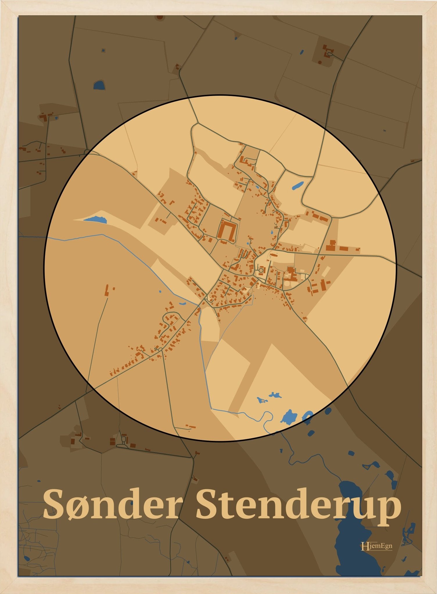 Sønder Stenderup plakat i farve pastel brun og HjemEgn.dk design centrum. Design bykort for Sønder Stenderup