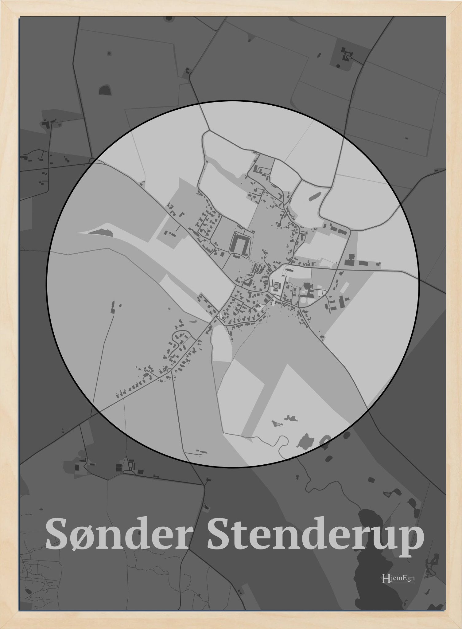 Sønder Stenderup plakat i farve pastel grå og HjemEgn.dk design centrum. Design bykort for Sønder Stenderup