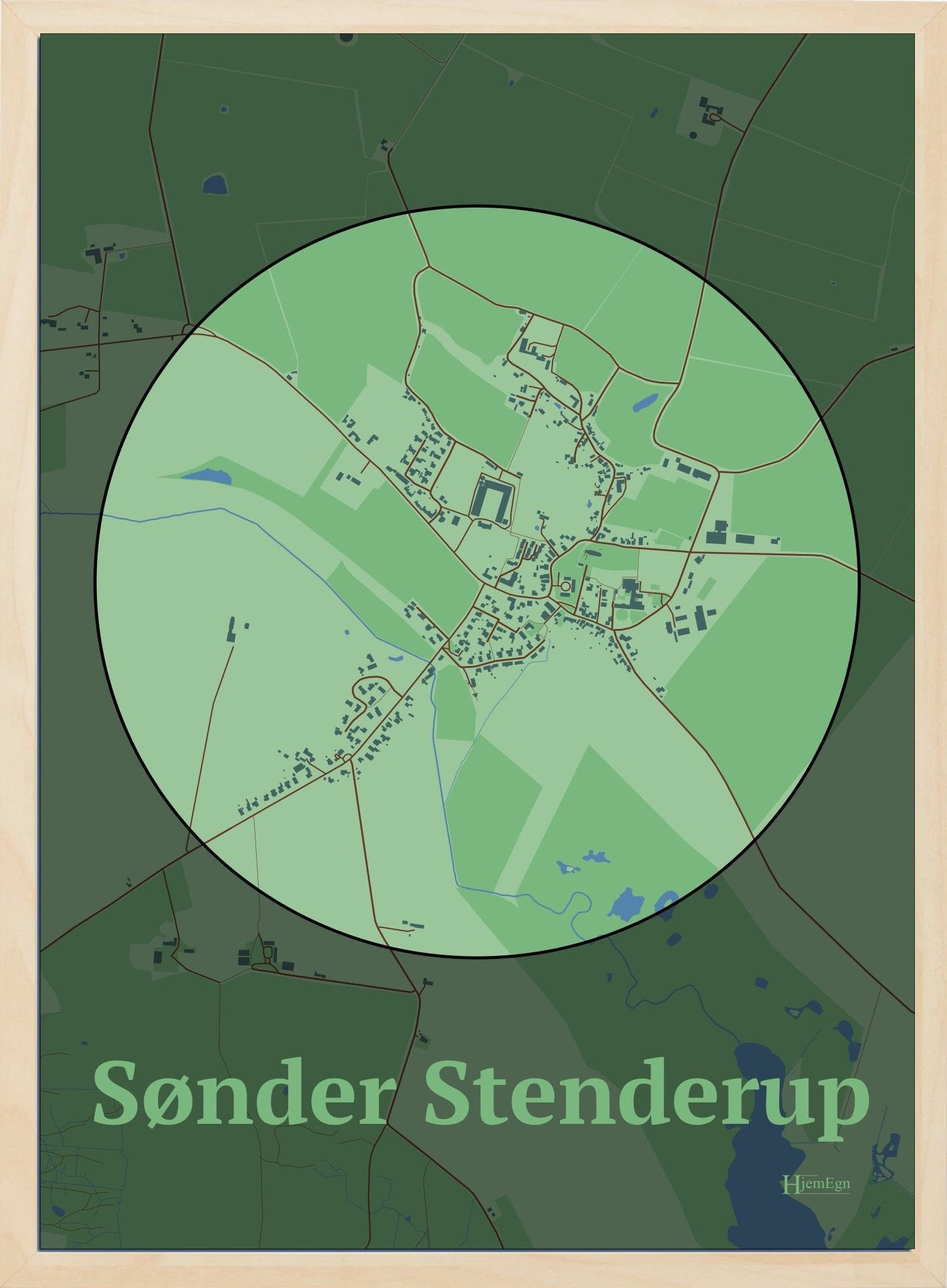 Sønder Stenderup plakat i farve pastel grøn og HjemEgn.dk design centrum. Design bykort for Sønder Stenderup