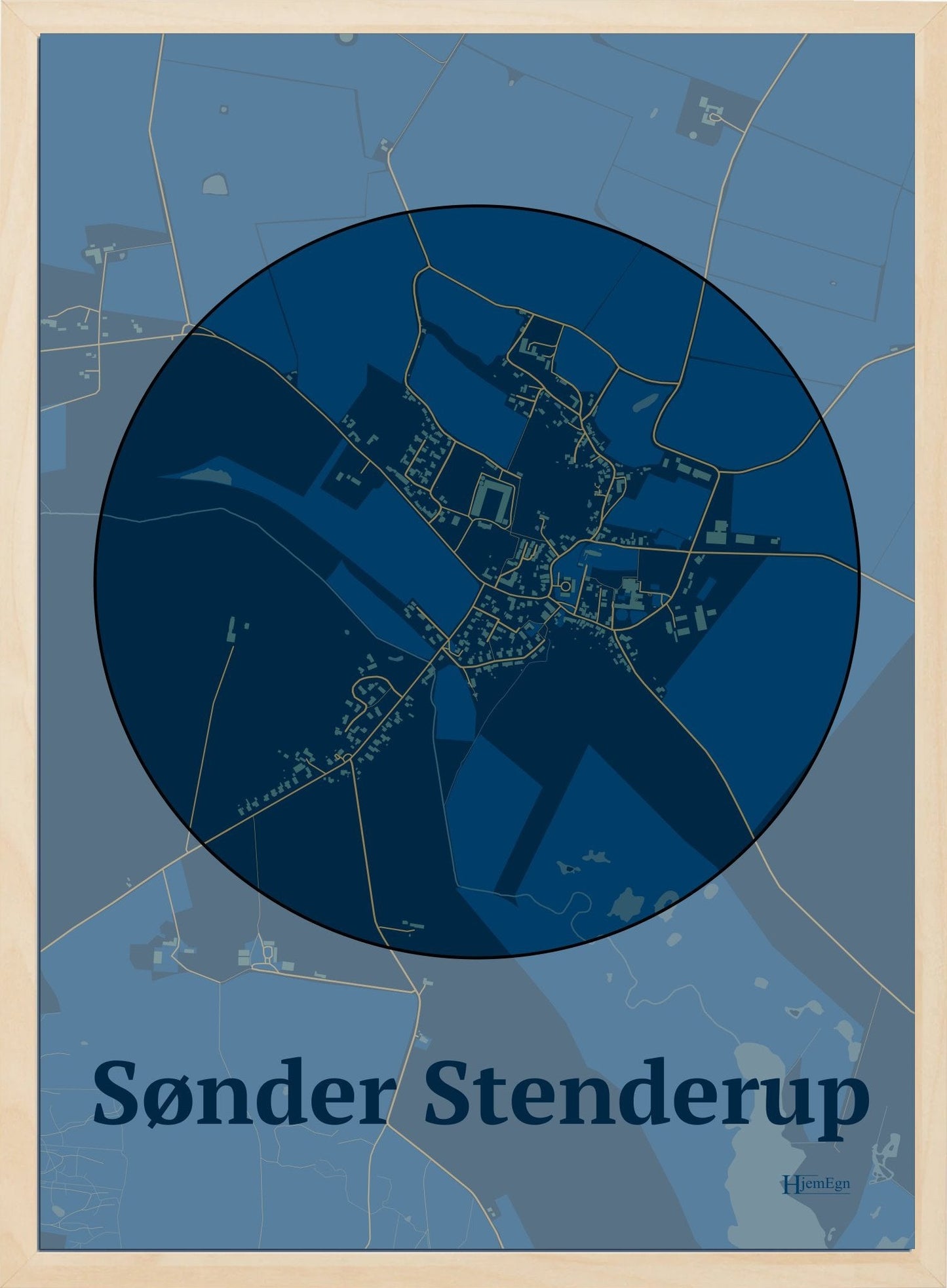 Sønder Stenderup plakat i farve mørk blå og HjemEgn.dk design centrum. Design bykort for Sønder Stenderup