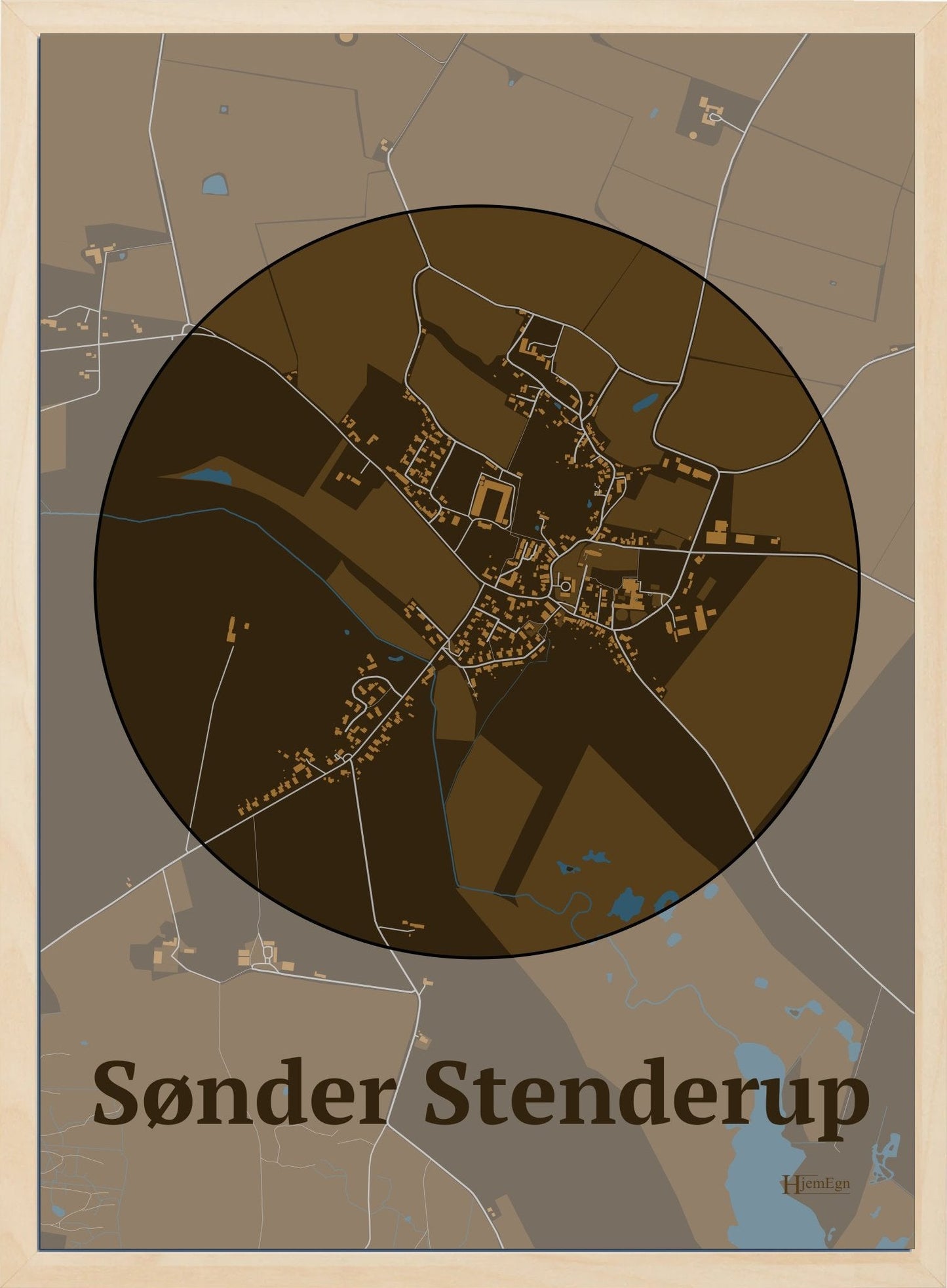 Sønder Stenderup plakat i farve mørk brun og HjemEgn.dk design centrum. Design bykort for Sønder Stenderup