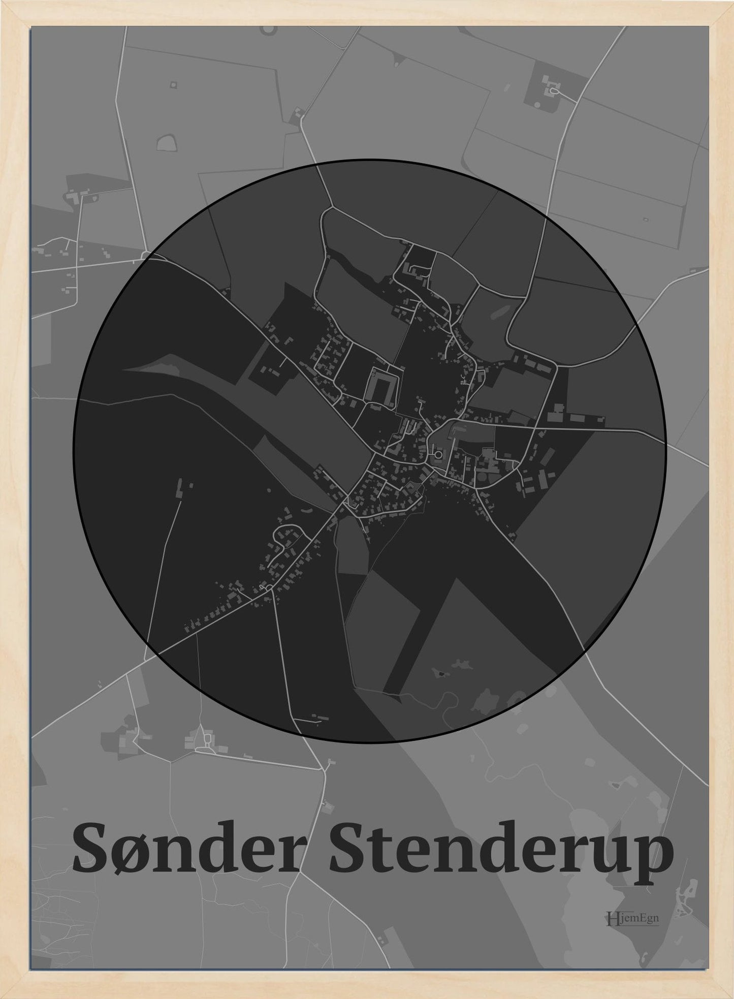 Sønder Stenderup plakat i farve mørk grå og HjemEgn.dk design centrum. Design bykort for Sønder Stenderup