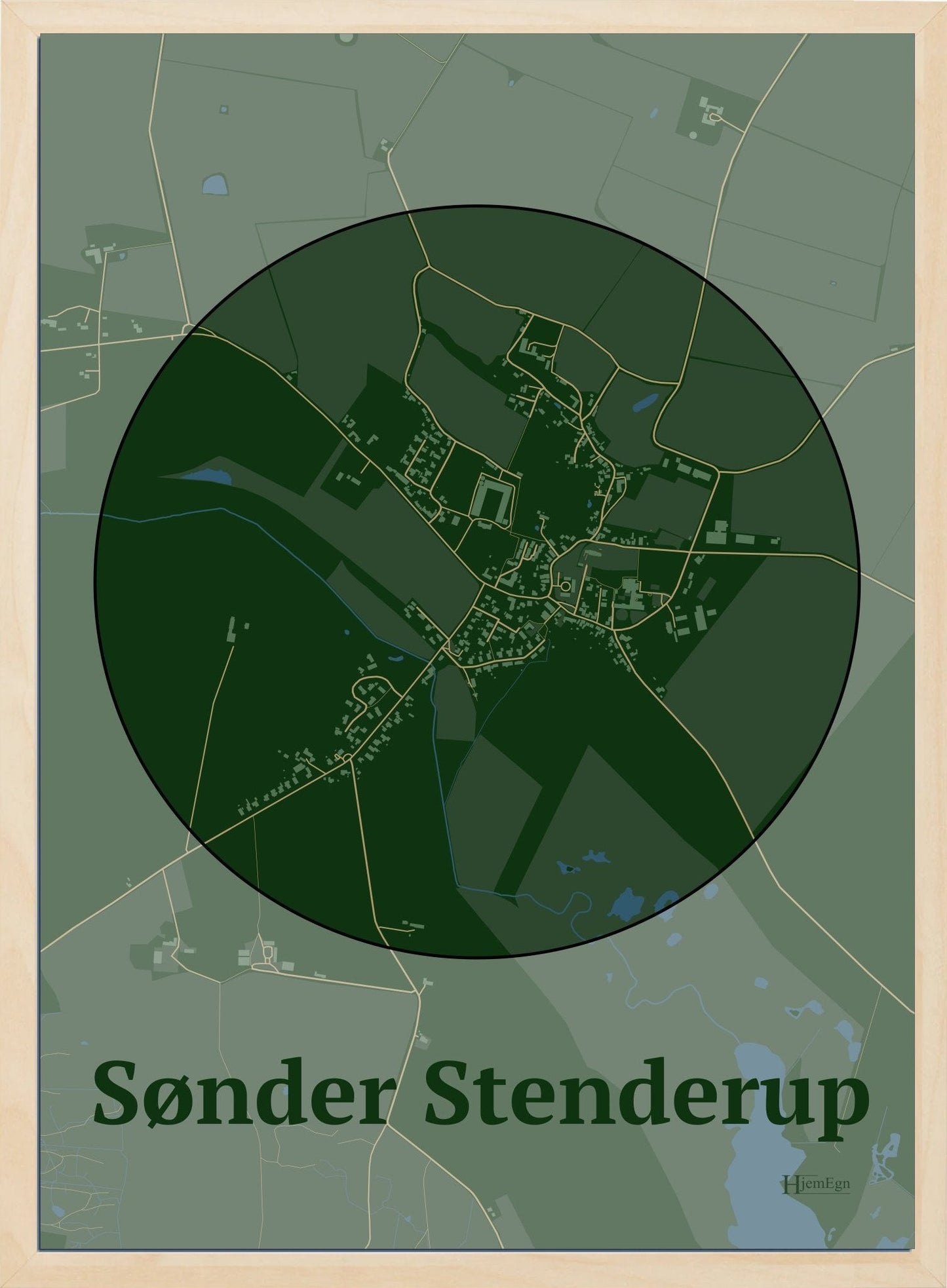 Sønder Stenderup plakat i farve mørk grøn og HjemEgn.dk design centrum. Design bykort for Sønder Stenderup