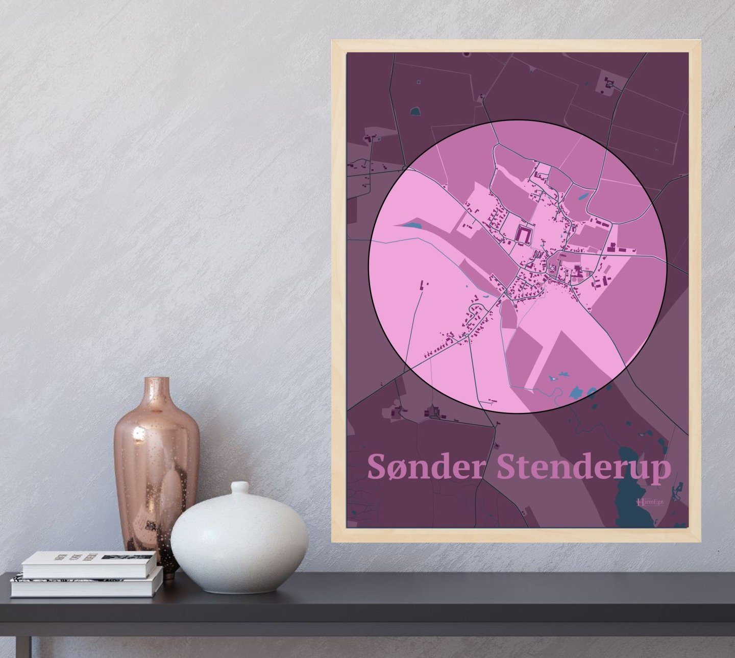 Sønder Stenderup plakat i farve  og HjemEgn.dk design centrum. Design bykort for Sønder Stenderup