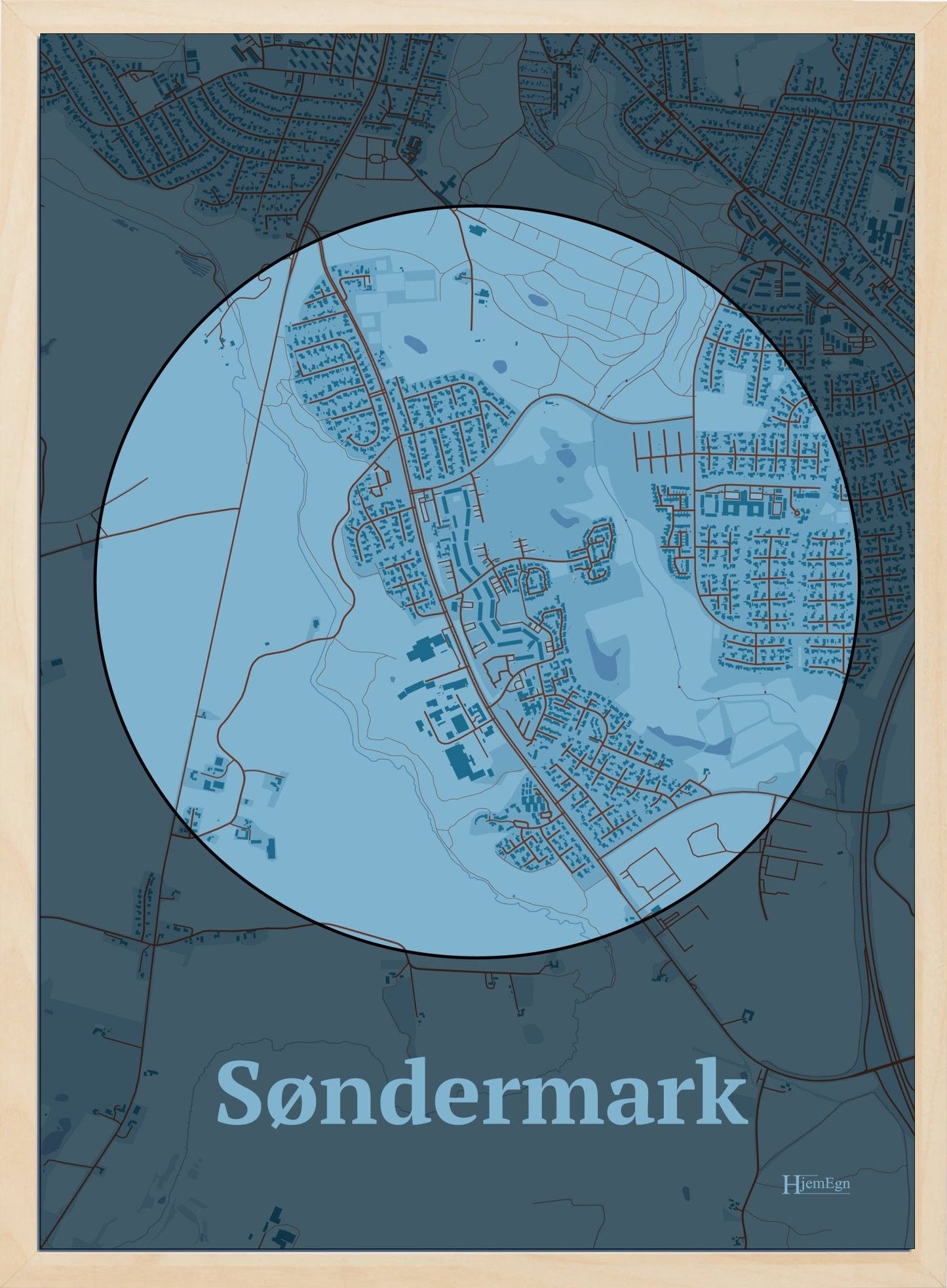 Søndermark plakat i farve pastel blå og HjemEgn.dk design centrum. Design bykort for Søndermark