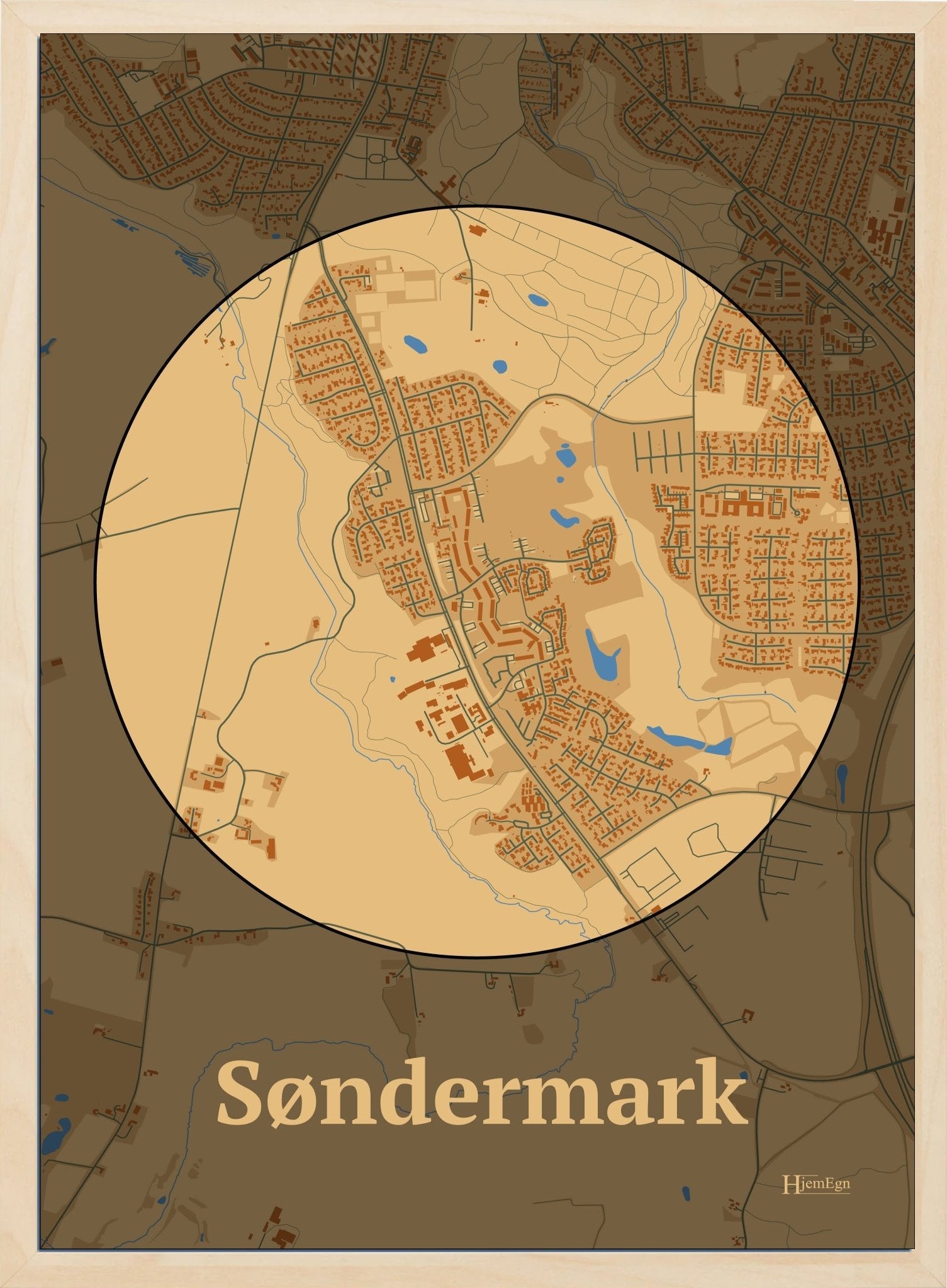 Søndermark plakat i farve pastel brun og HjemEgn.dk design centrum. Design bykort for Søndermark