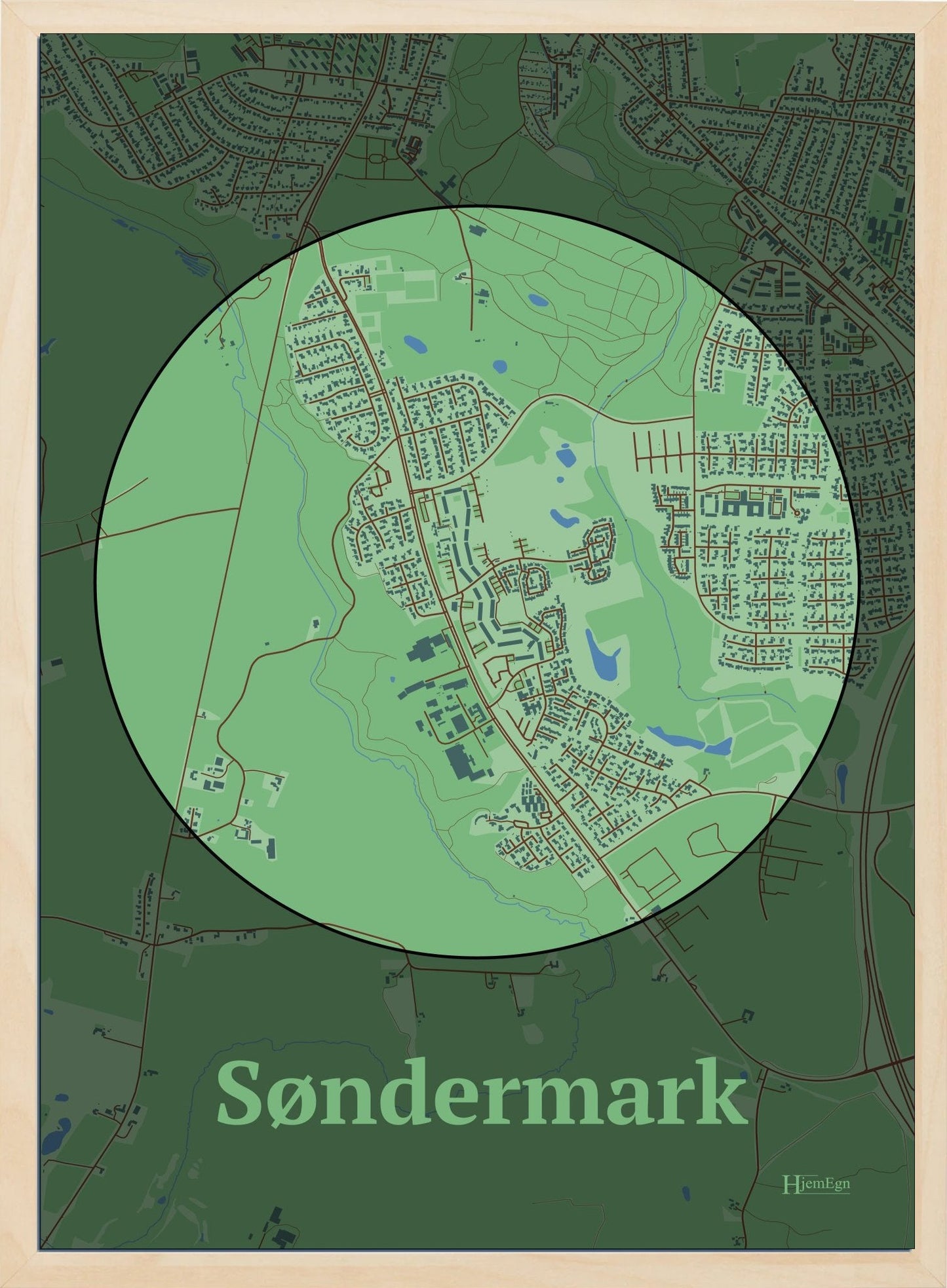 Søndermark plakat i farve pastel grøn og HjemEgn.dk design centrum. Design bykort for Søndermark