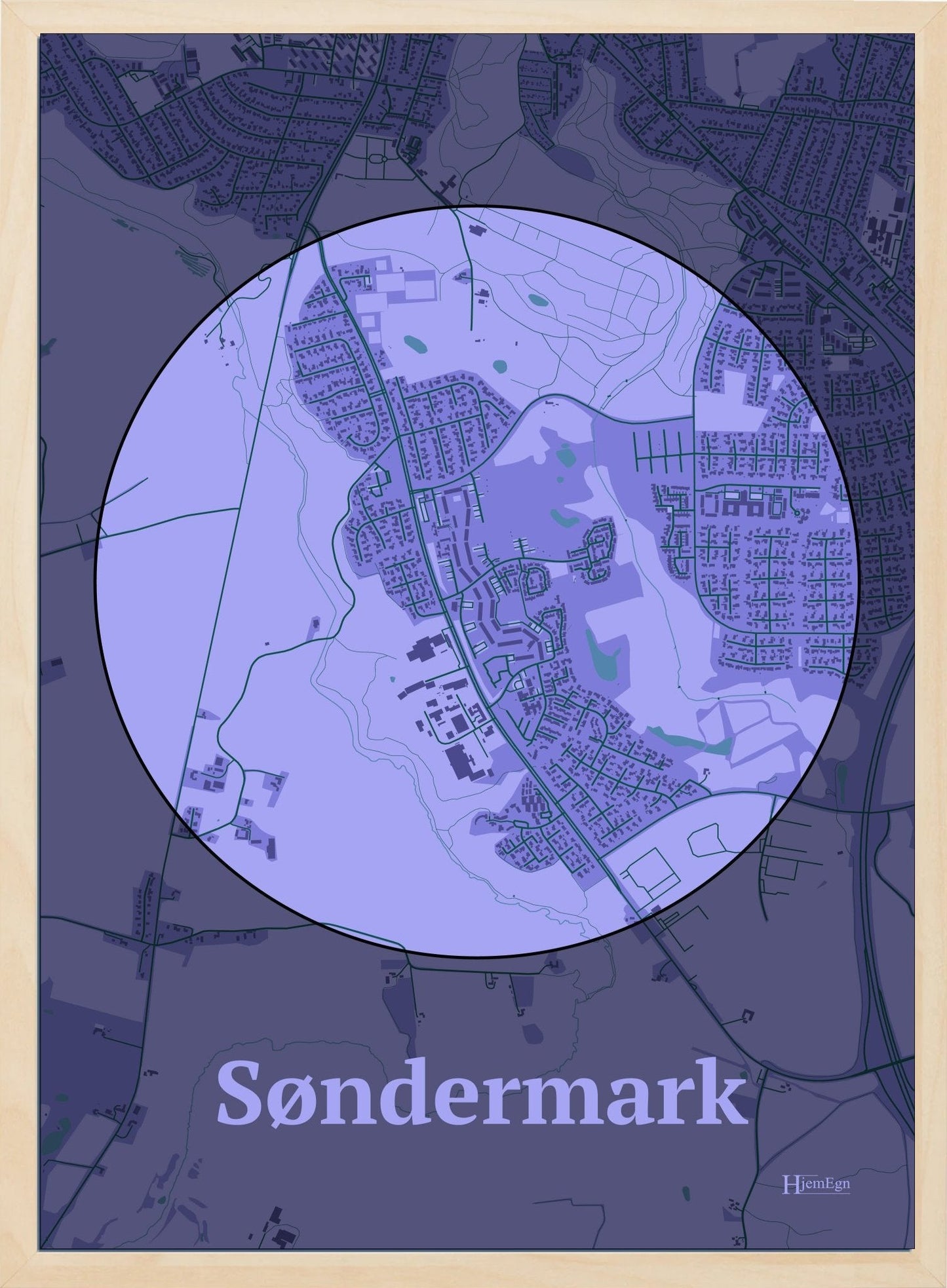 Søndermark plakat i farve pastel lilla og HjemEgn.dk design centrum. Design bykort for Søndermark