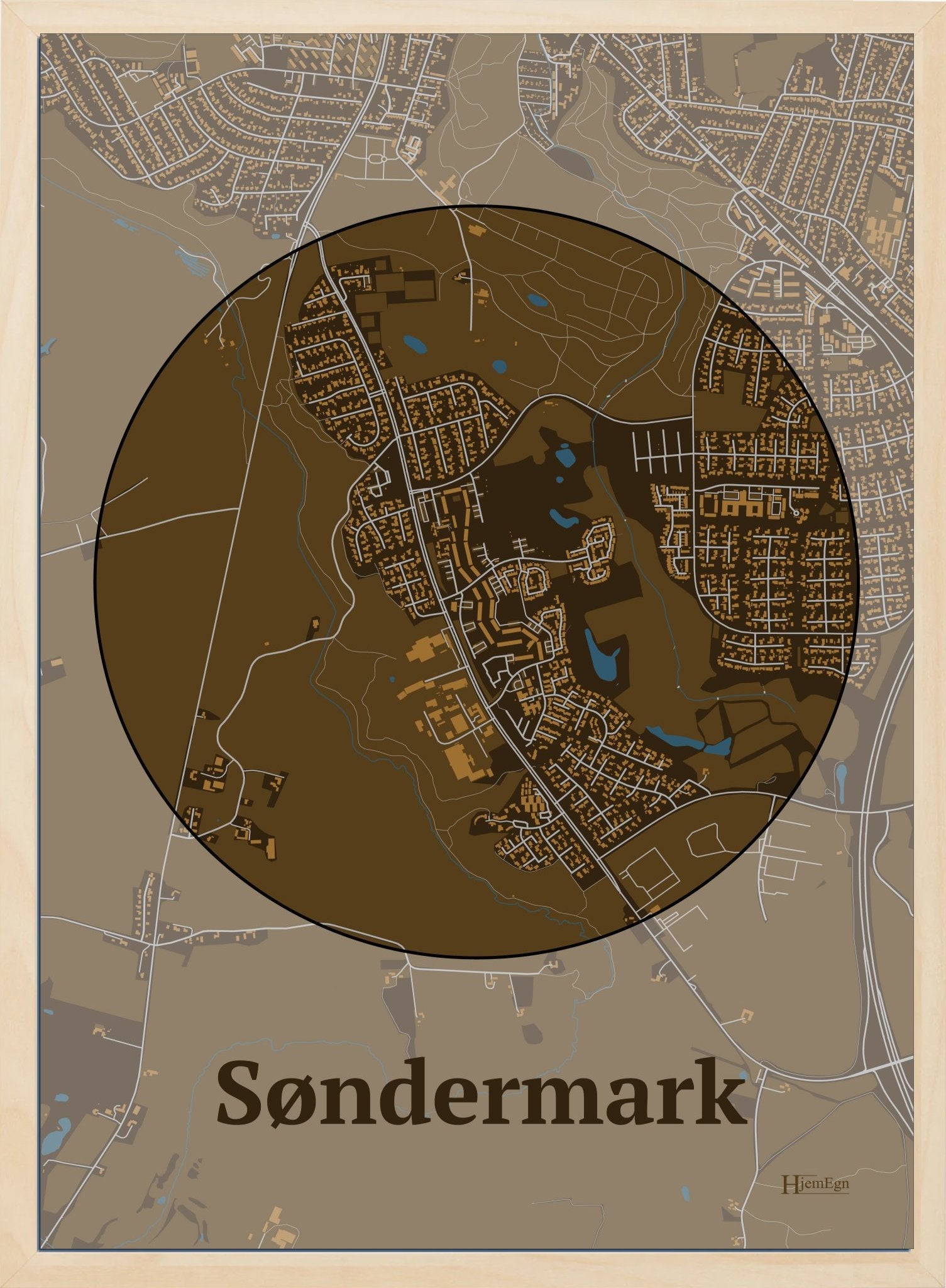 Søndermark plakat i farve mørk brun og HjemEgn.dk design centrum. Design bykort for Søndermark
