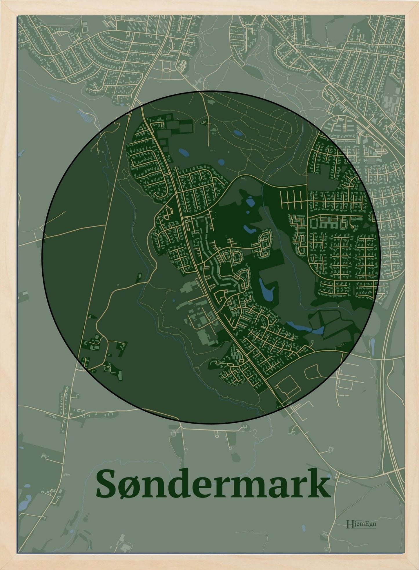 Søndermark plakat i farve mørk grøn og HjemEgn.dk design centrum. Design bykort for Søndermark