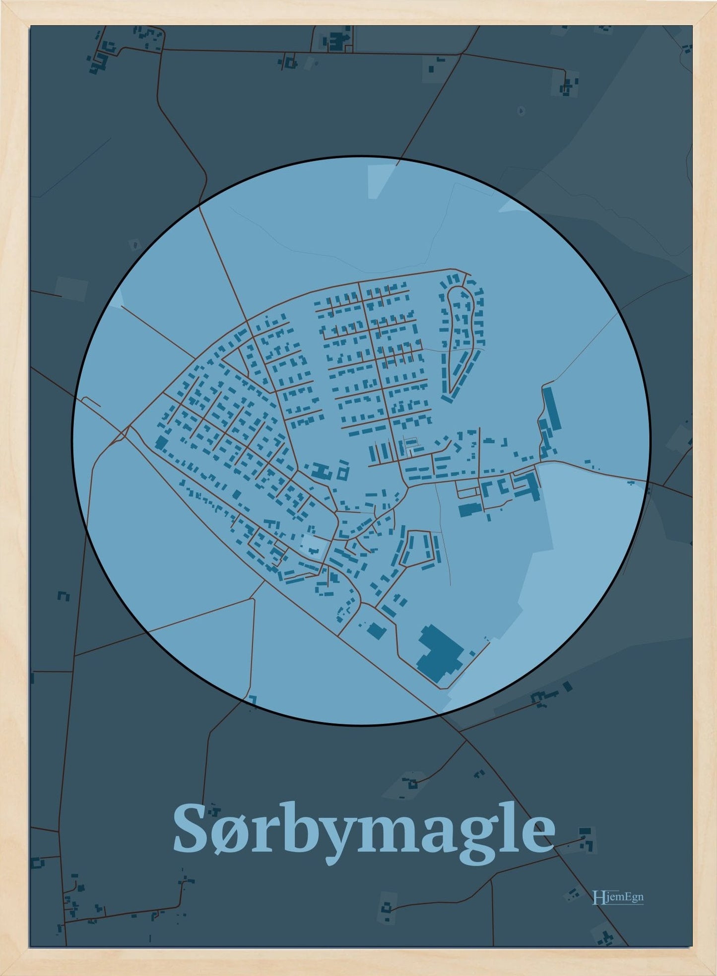 Sørbymagle plakat i farve pastel blå og HjemEgn.dk design centrum. Design bykort for Sørbymagle